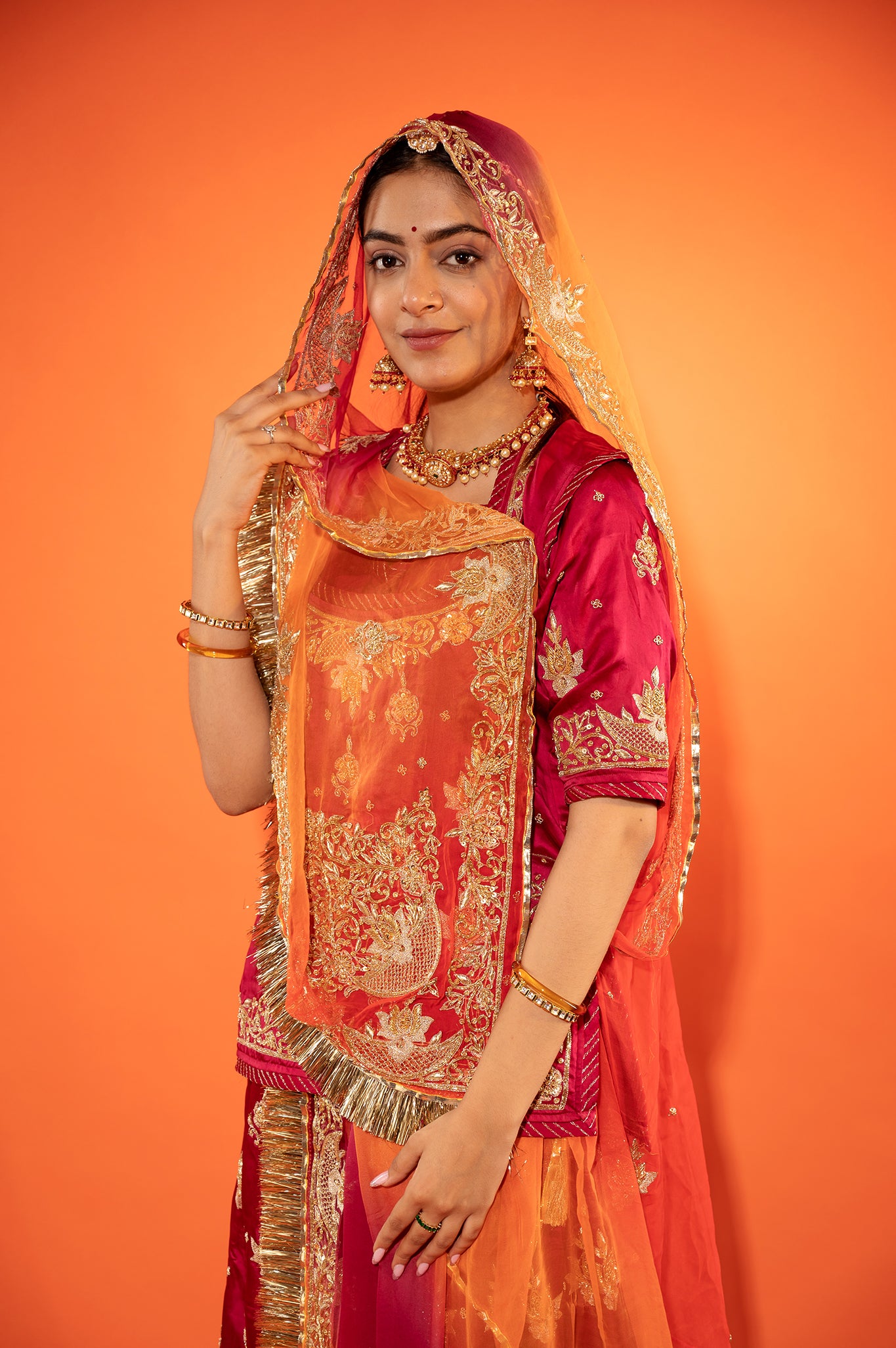 Burgundy Bamber Satin zardozi handwork rajputi Poshak with pure odhna