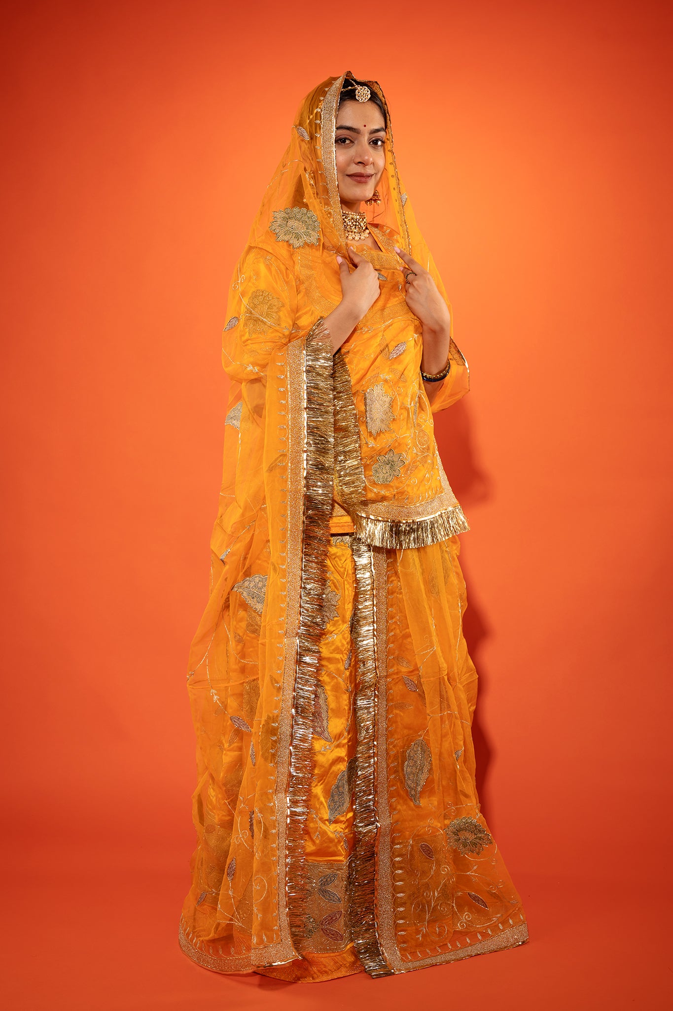 kesariya Pure Silk Satin chanderi handwork rajputi Poshak with pure odhna