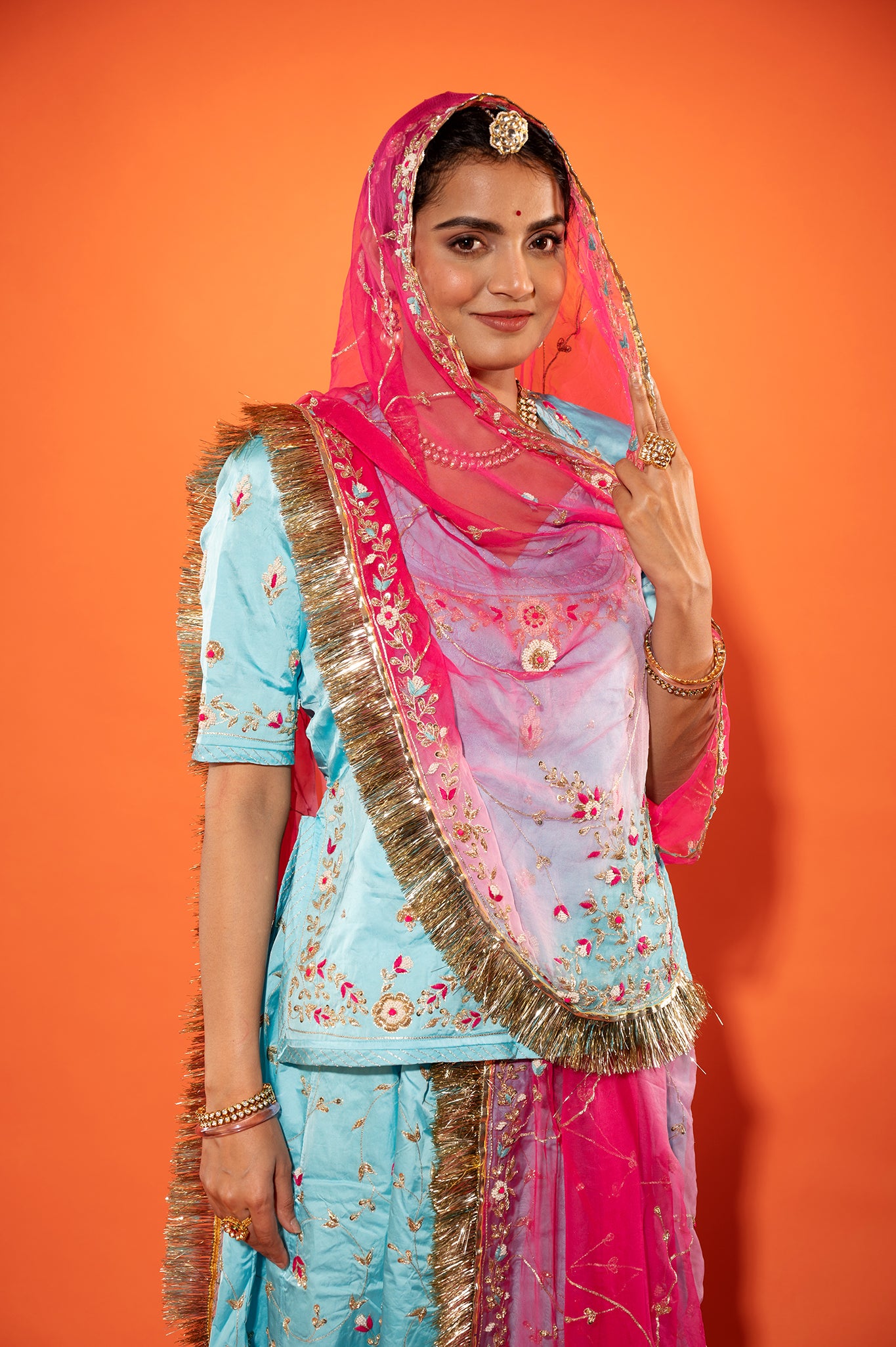 Sky blue bamber satin zardozi handwork rajputi Poshak  with Pure odhna