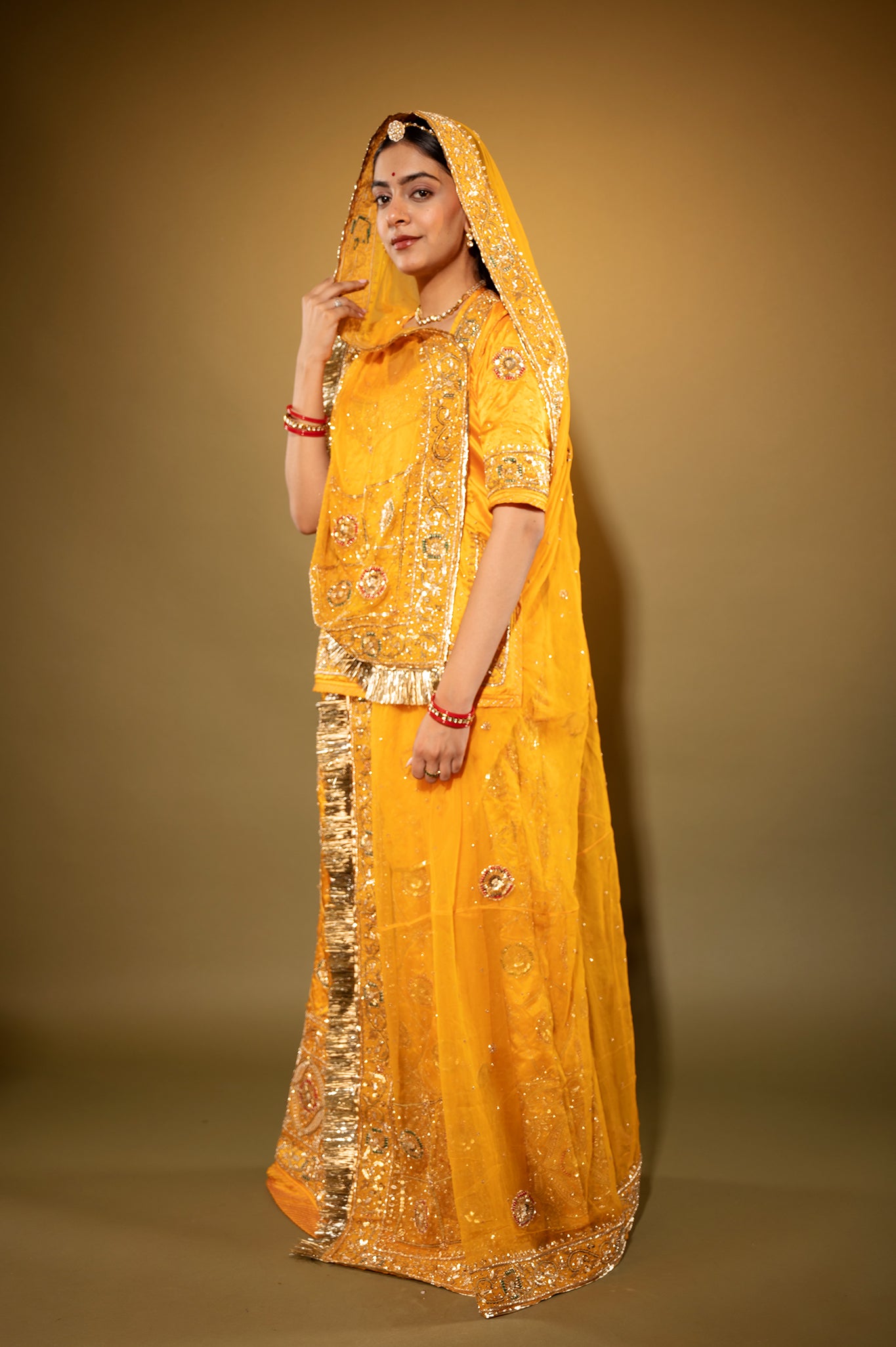 yellow Pure Silk Satin zardozi handwork rajputi Poshak  with Pure odhna