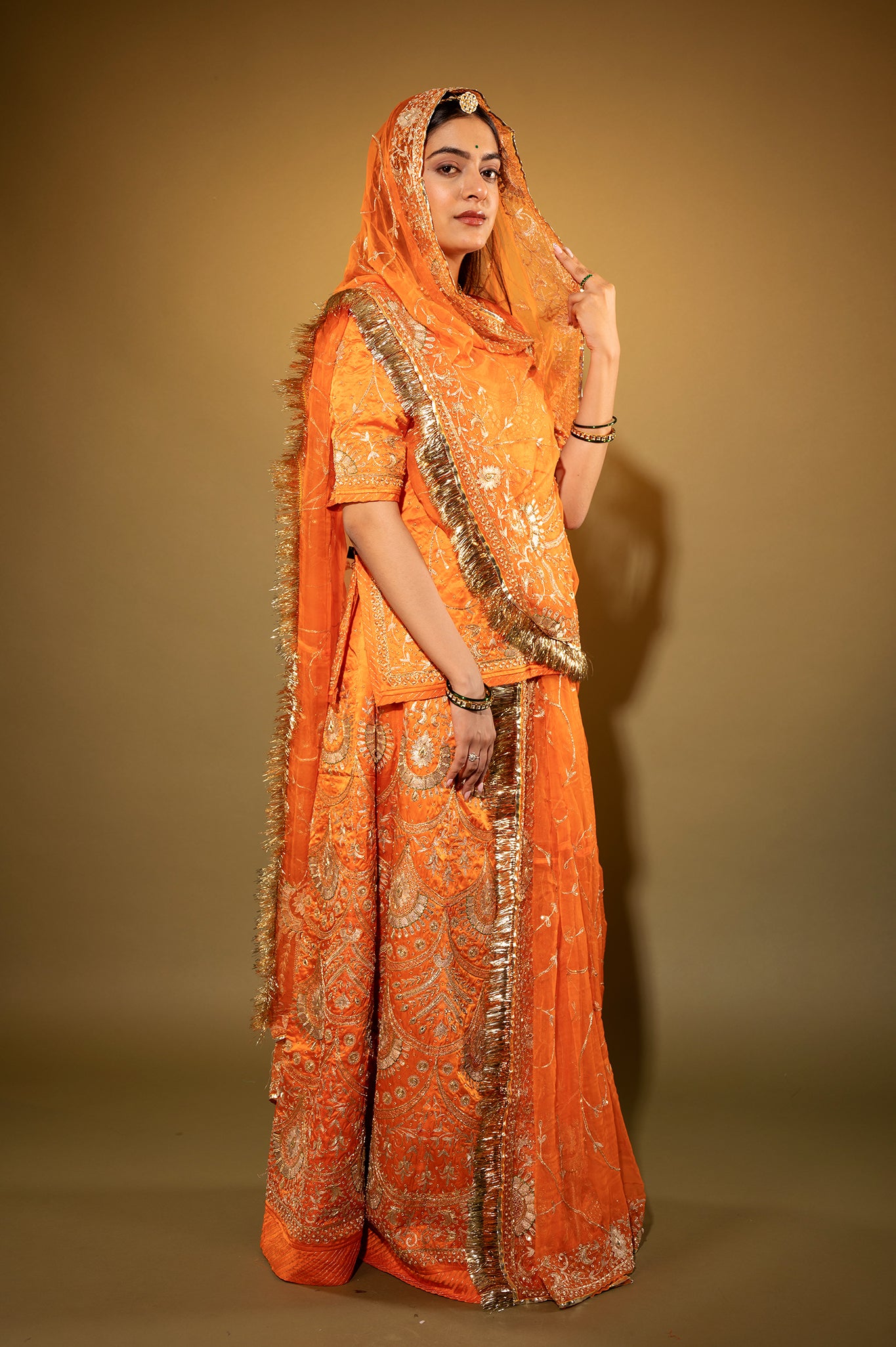 orange Pure Silk Satin zardozi handwork rajputi Poshak  with Pure odhna
