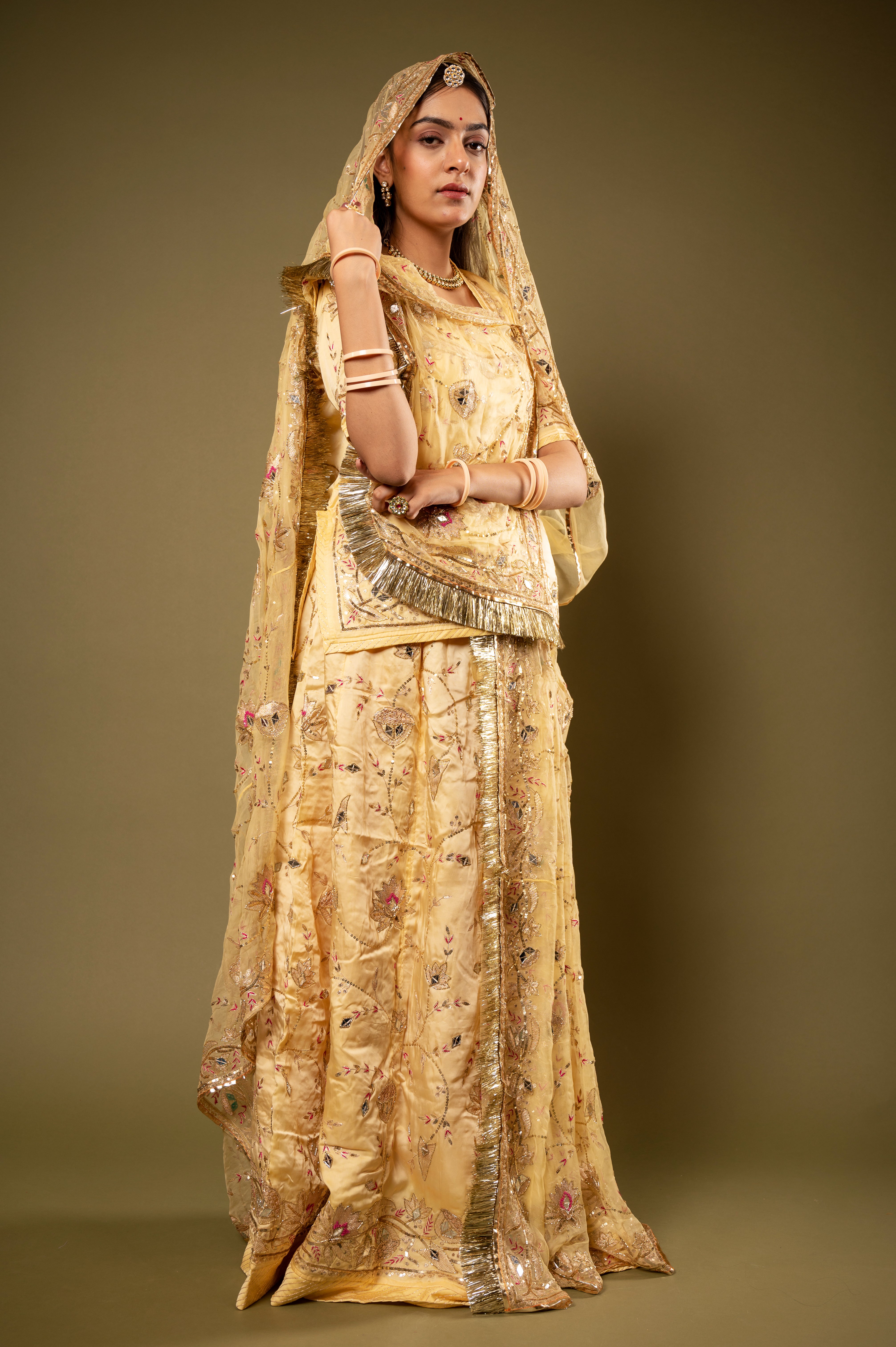 Light Yellow bamber satin Aari Sequins kardana Resham Jaal handwork Rajputi Poshak  with Pure odhna
