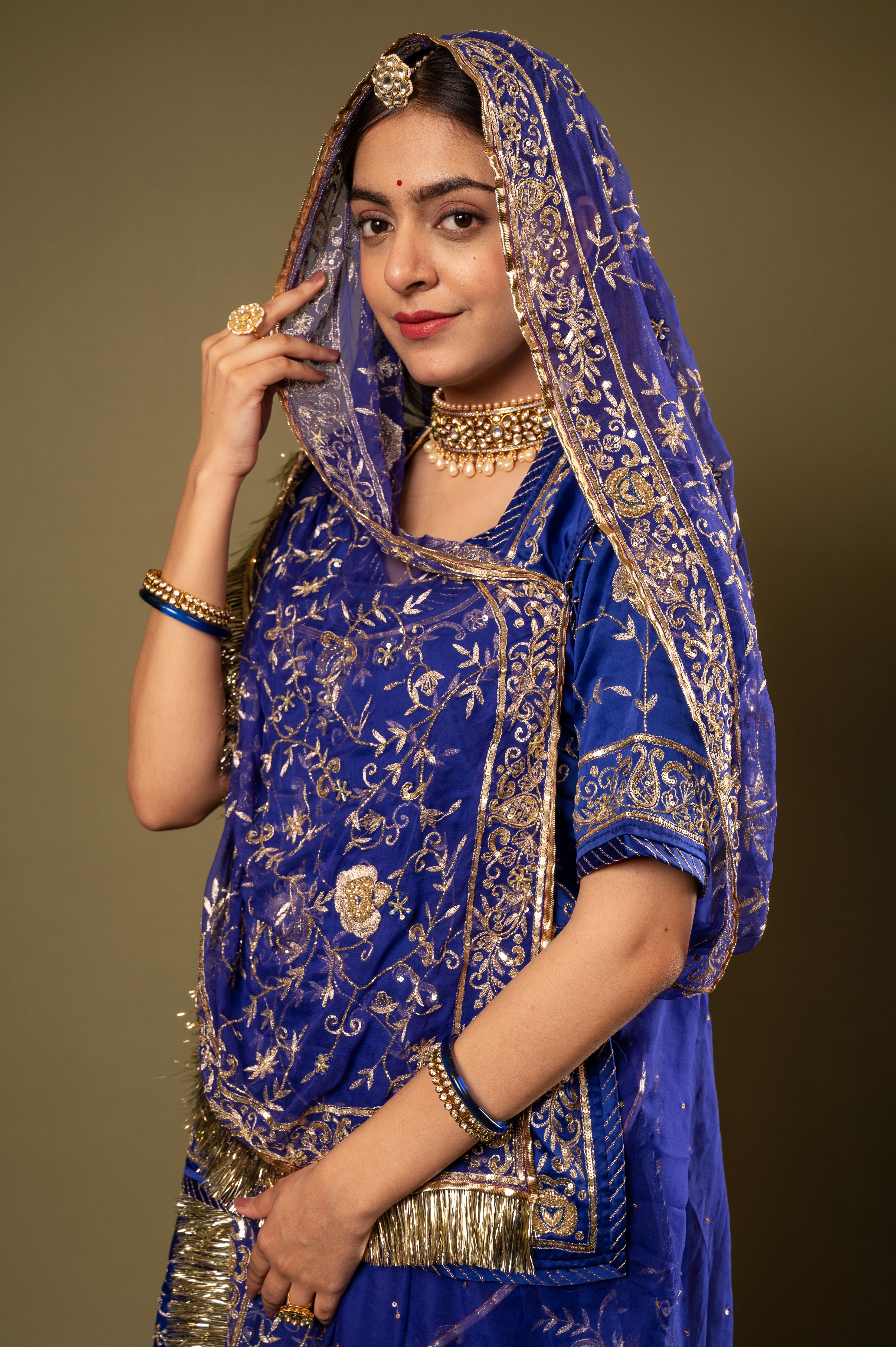Blue light dark bamber satin Aari Kardana Sequins Jaal handwork Rajputi Poshak  with Pure odhna