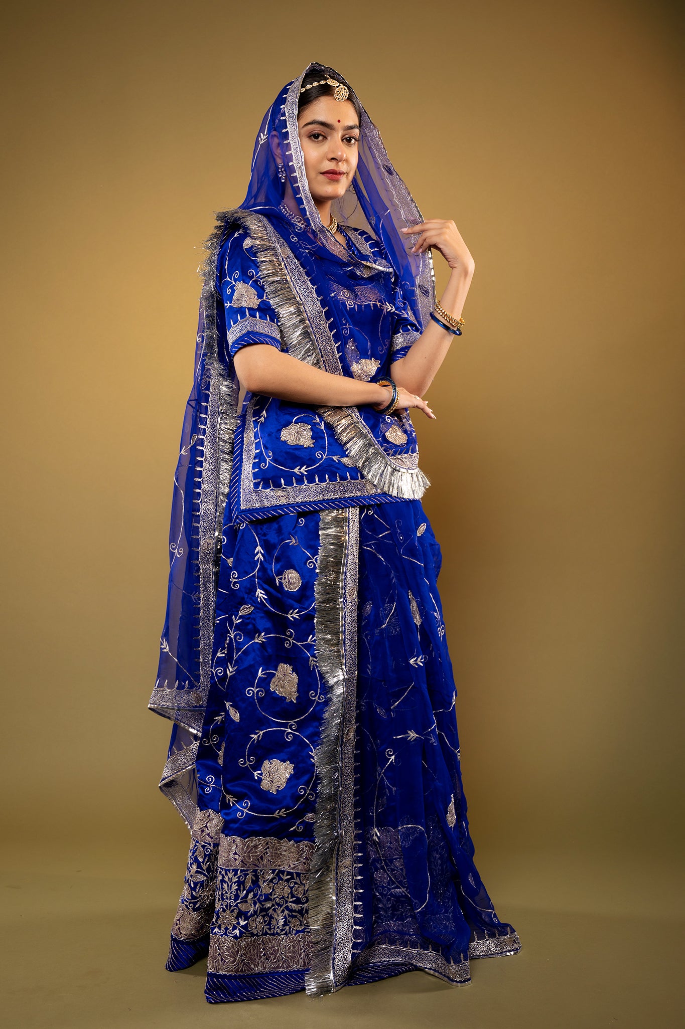 Royal Blue Pure Silk Satin chanderi handwork rajputi Poshak  with Pure odhna