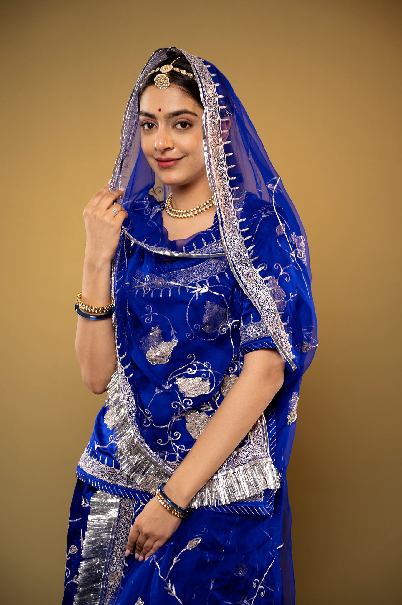 Royal Blue Pure Silk Satin chanderi handwork rajputi Poshak  with Pure odhna