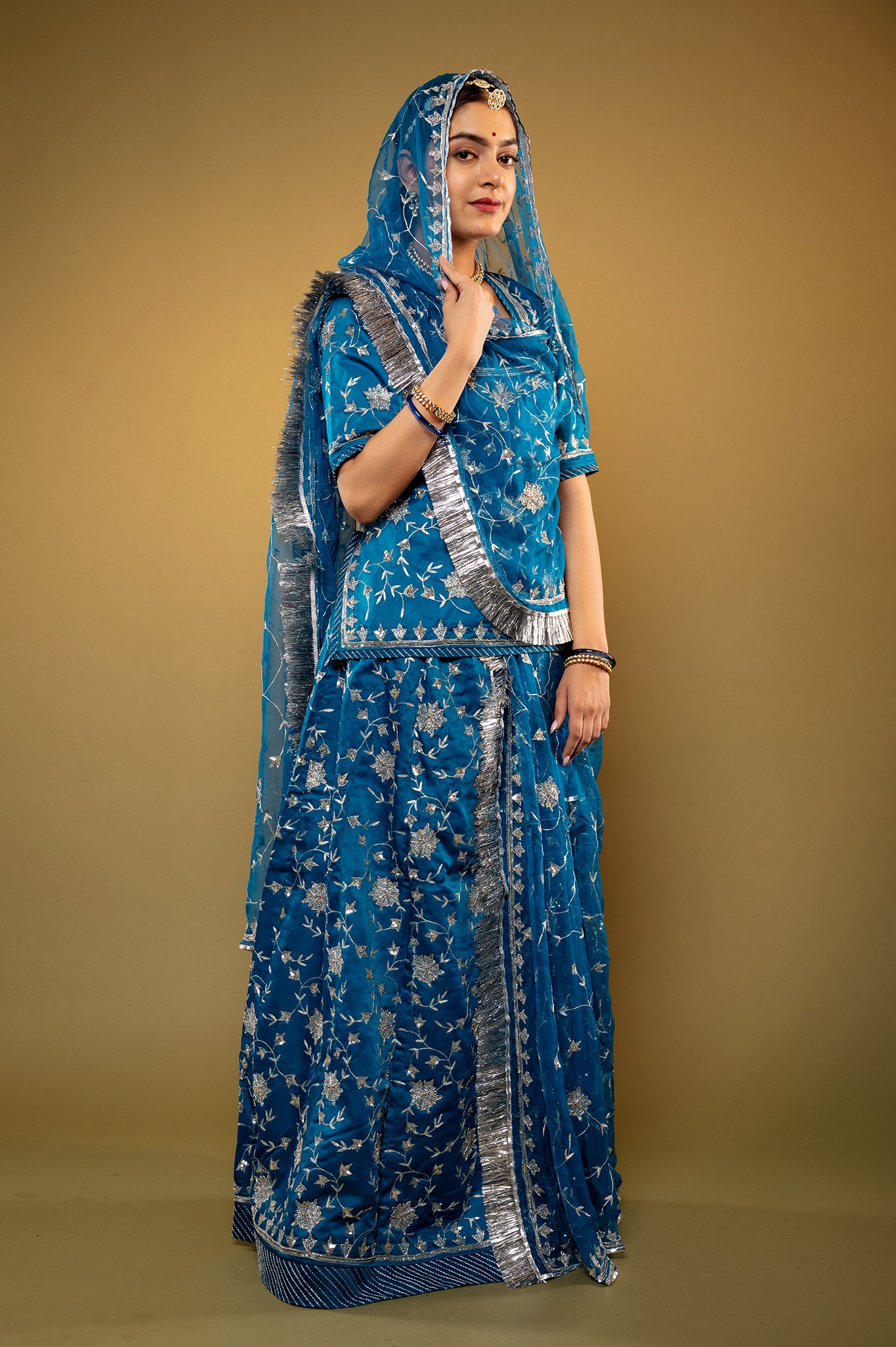 blue bamber satin aari sequins zardozi handwork rajputi Poshak  with Pure odhna