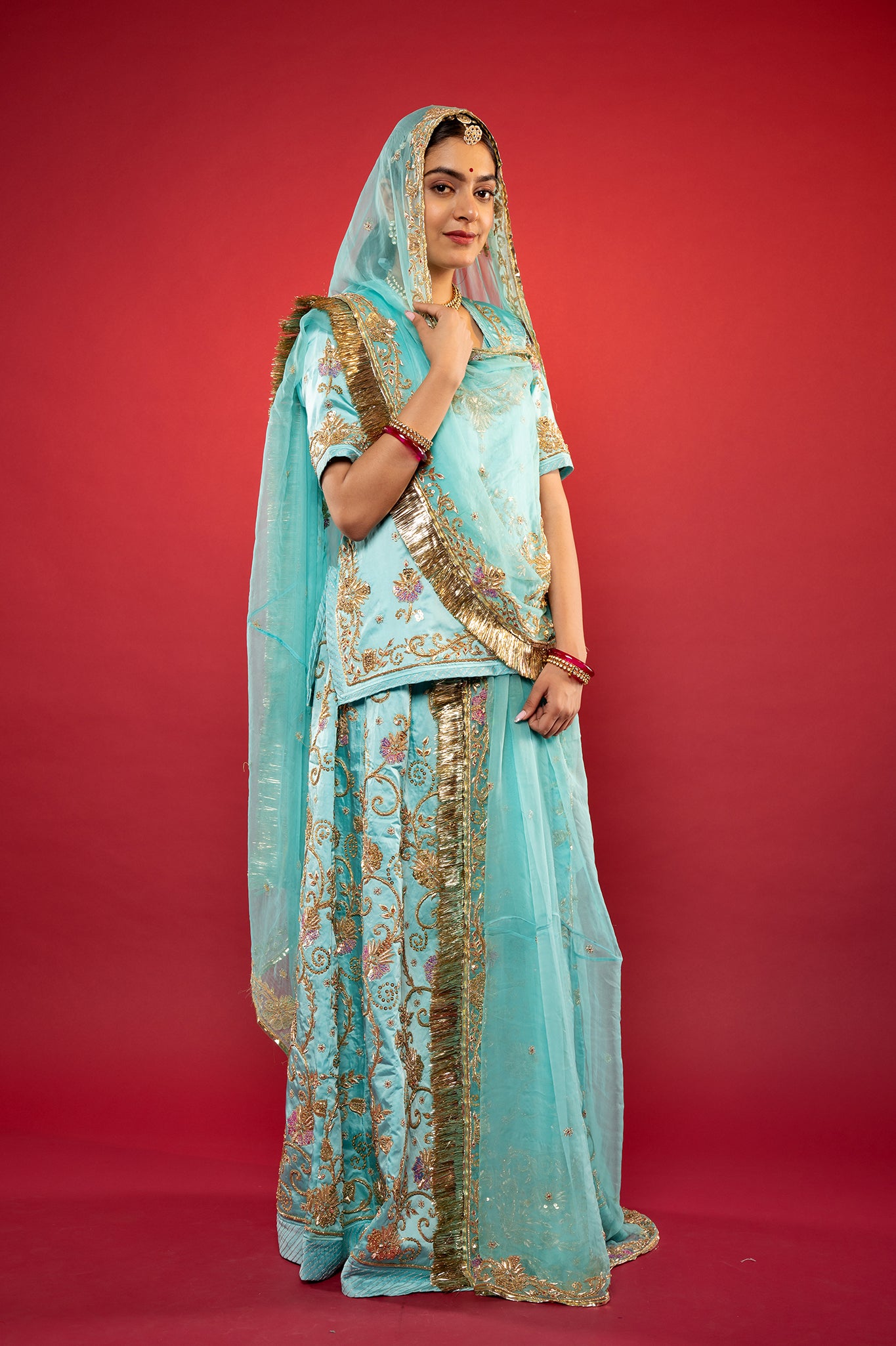 Sky blue bamber satin zadozi handwork rajputi Poshak  with Pure odhna