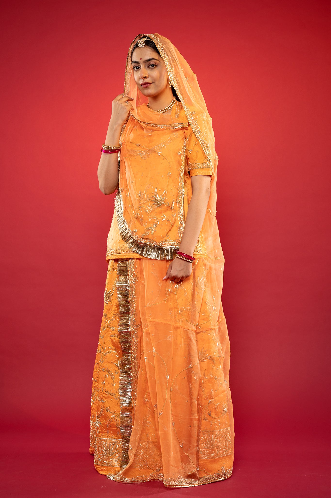 Peach Bamber Satin zardozi handwork rajputi Poshak  with Pure odhna
