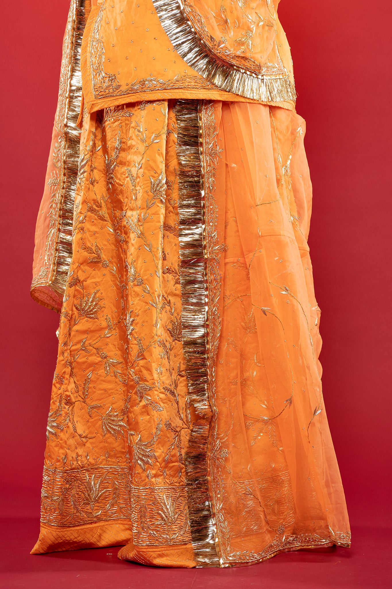 Peach Bamber Satin zardozi handwork rajputi Poshak  with Pure odhna