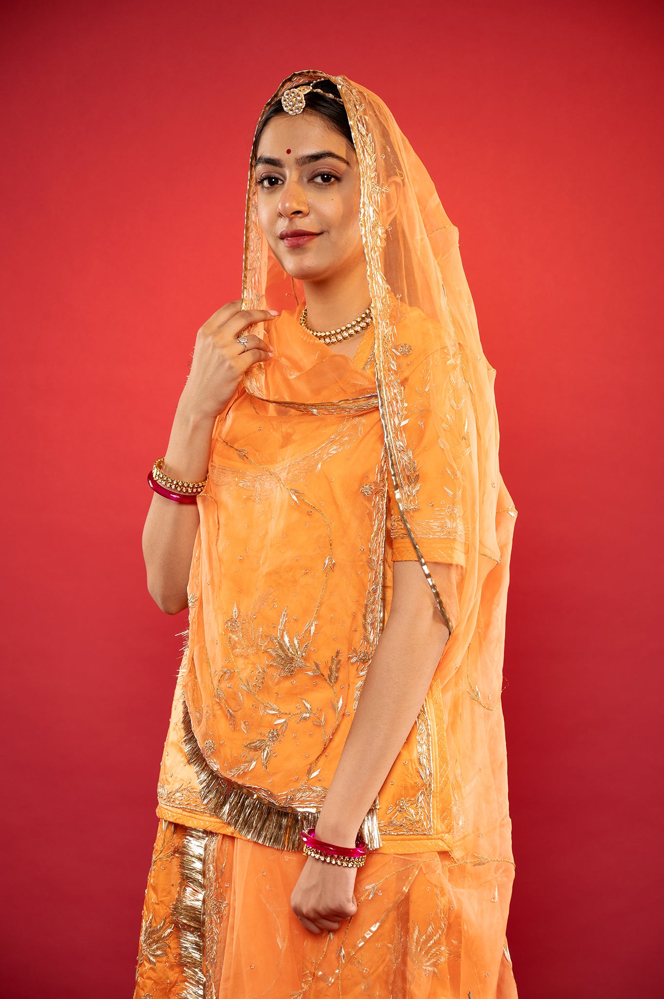 Peach Bamber Satin zardozi handwork rajputi Poshak  with Pure odhna