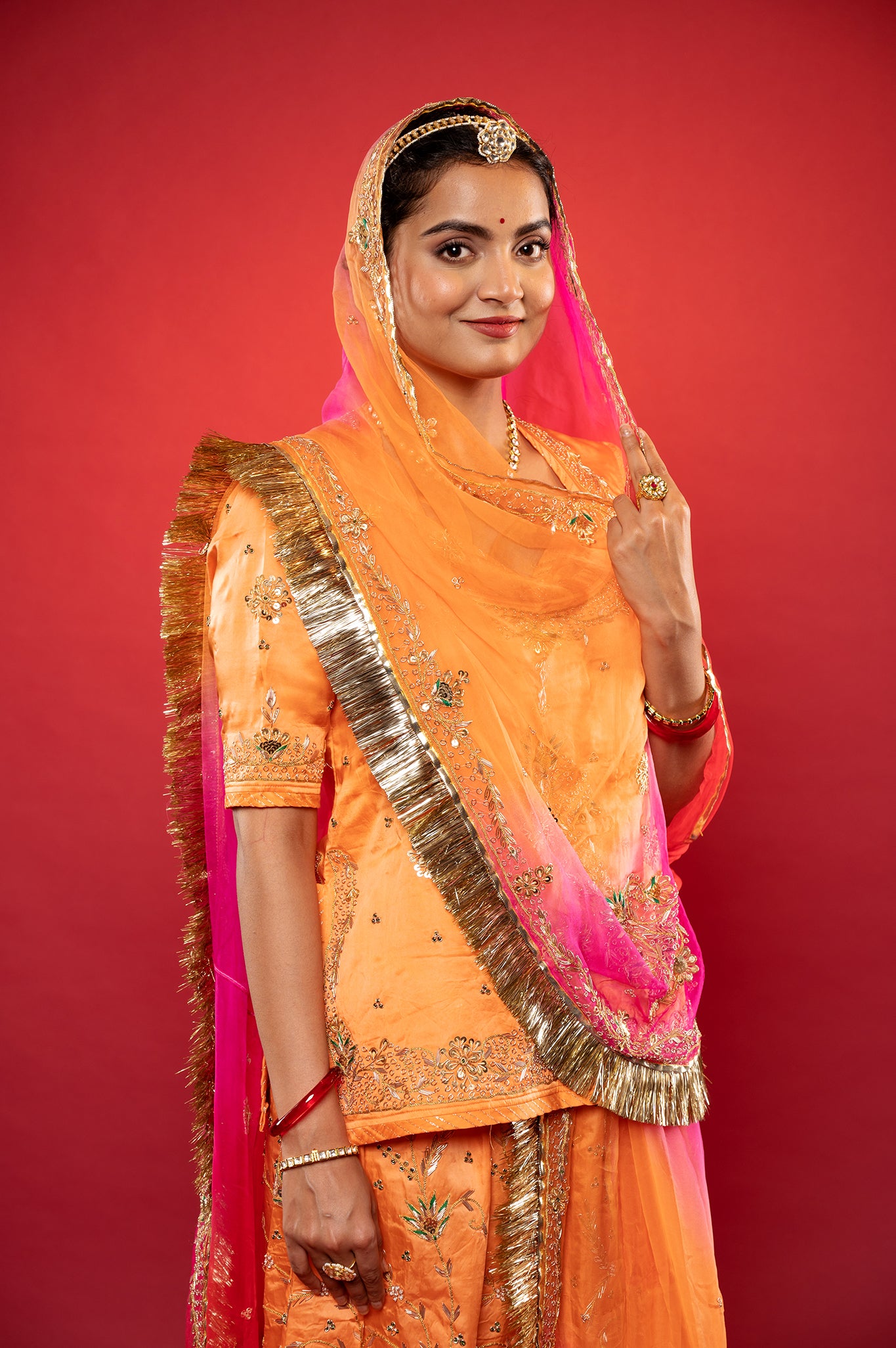 Peach Bamber Satin Zardozi handwork rajputi Poshak  with Pure odhna