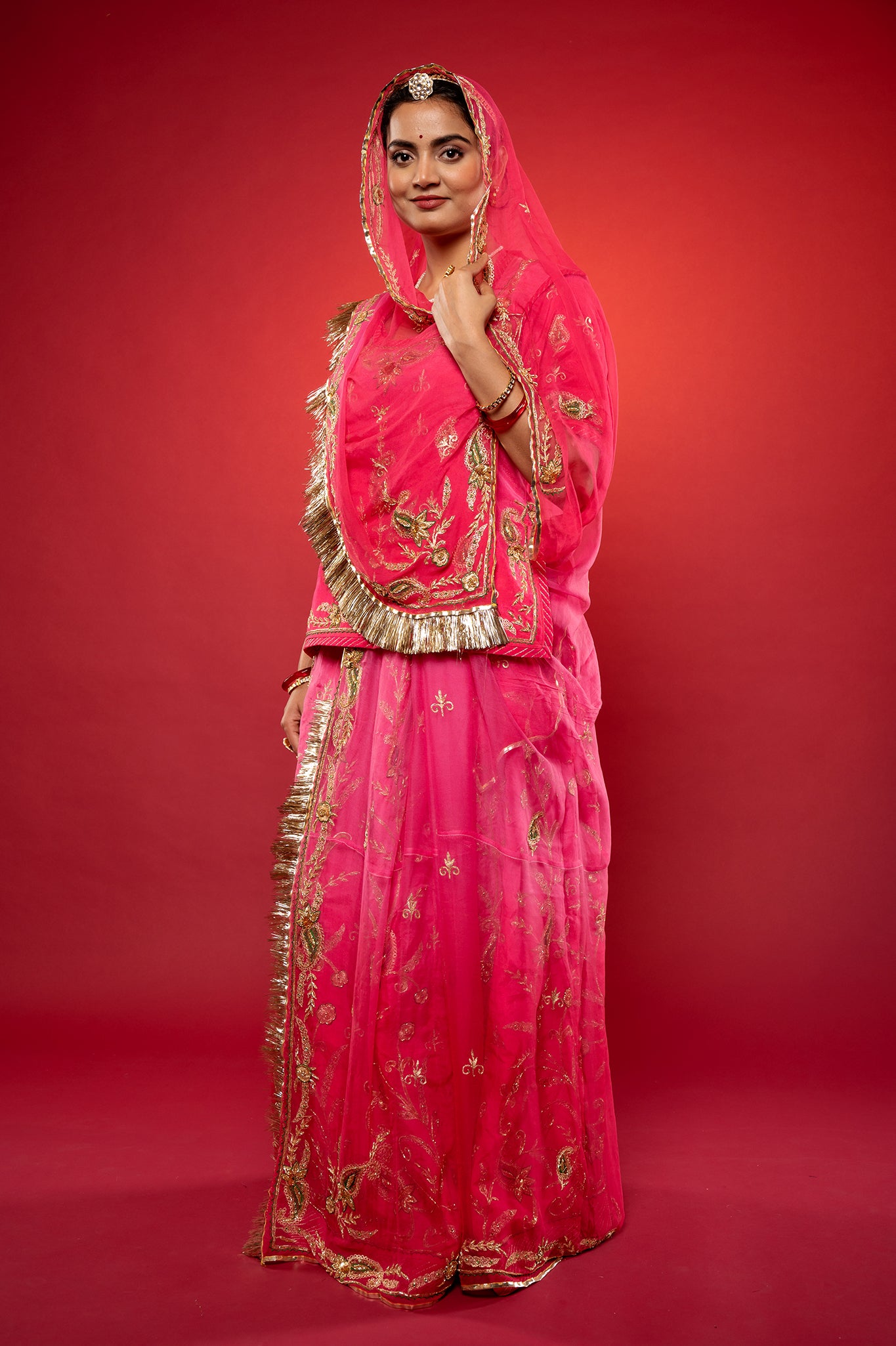 Gajri Pink light dark Bamber Satin Zardozi handwork rajputi Poshak  with Pure odhna