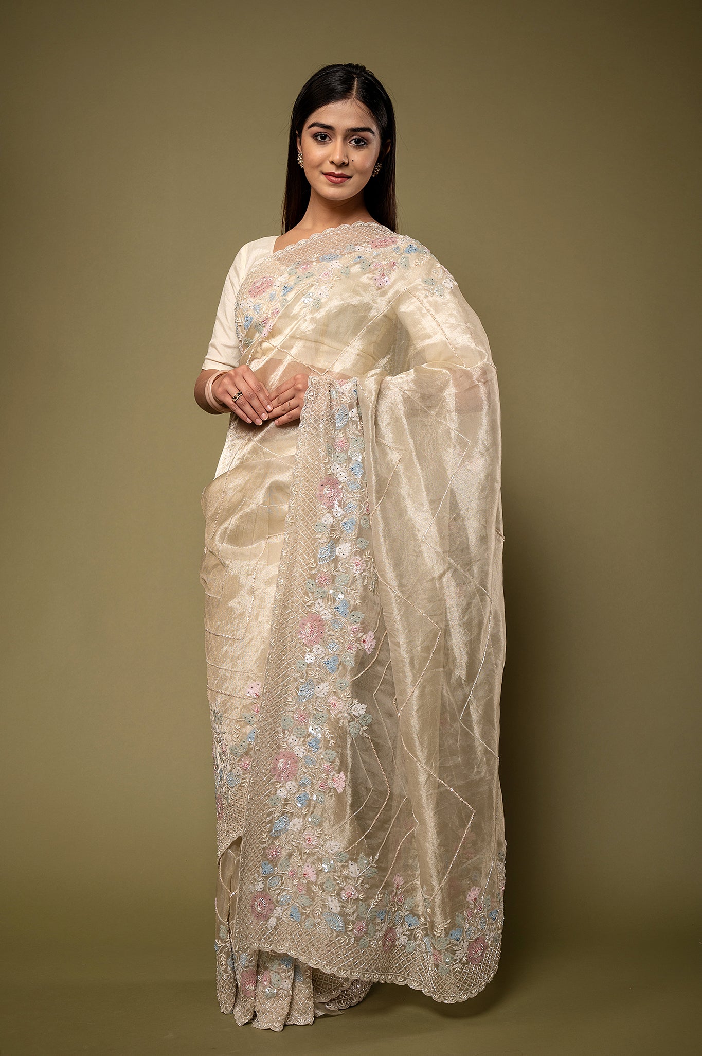 Creme Pure Tissue Kardana sequins  pearl border jaal handwork party wear saree