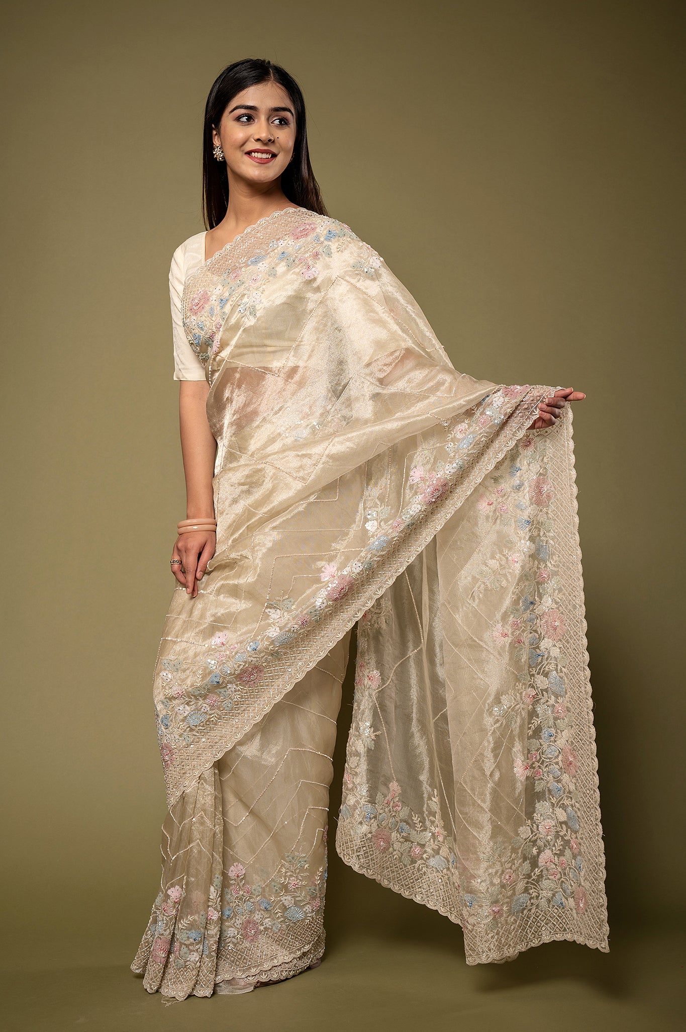 Creme Pure Tissue Kardana sequins  pearl border jaal handwork party wear saree