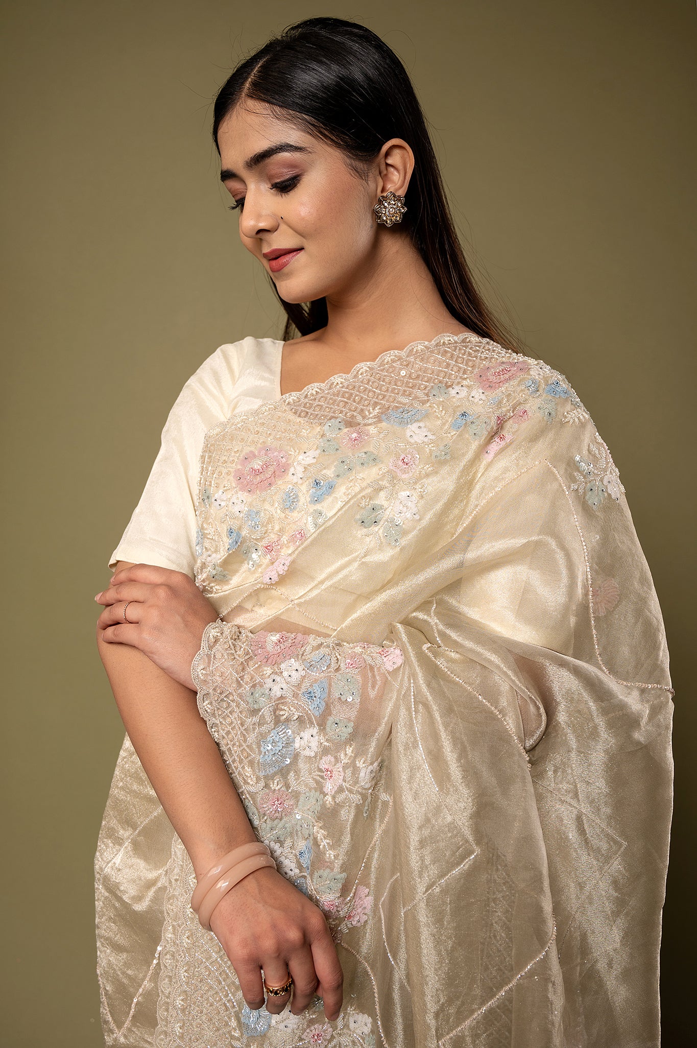 Creme Pure Tissue Kardana sequins  pearl border jaal handwork party wear saree
