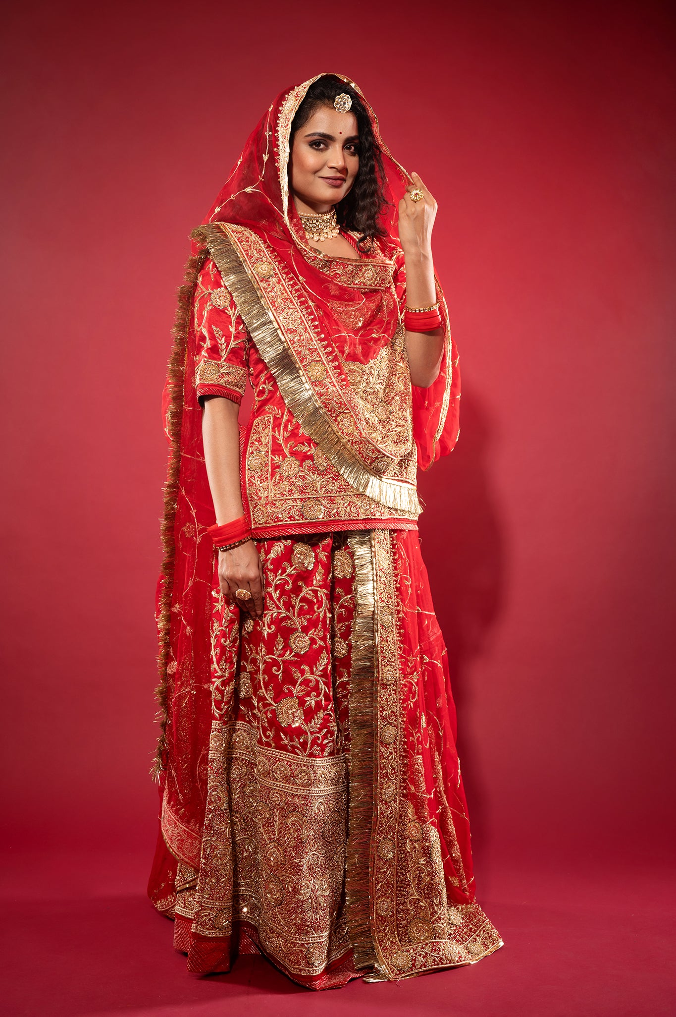 red Pure Silk Satin zardozi handwork rajputi Poshak  with Pure odhna