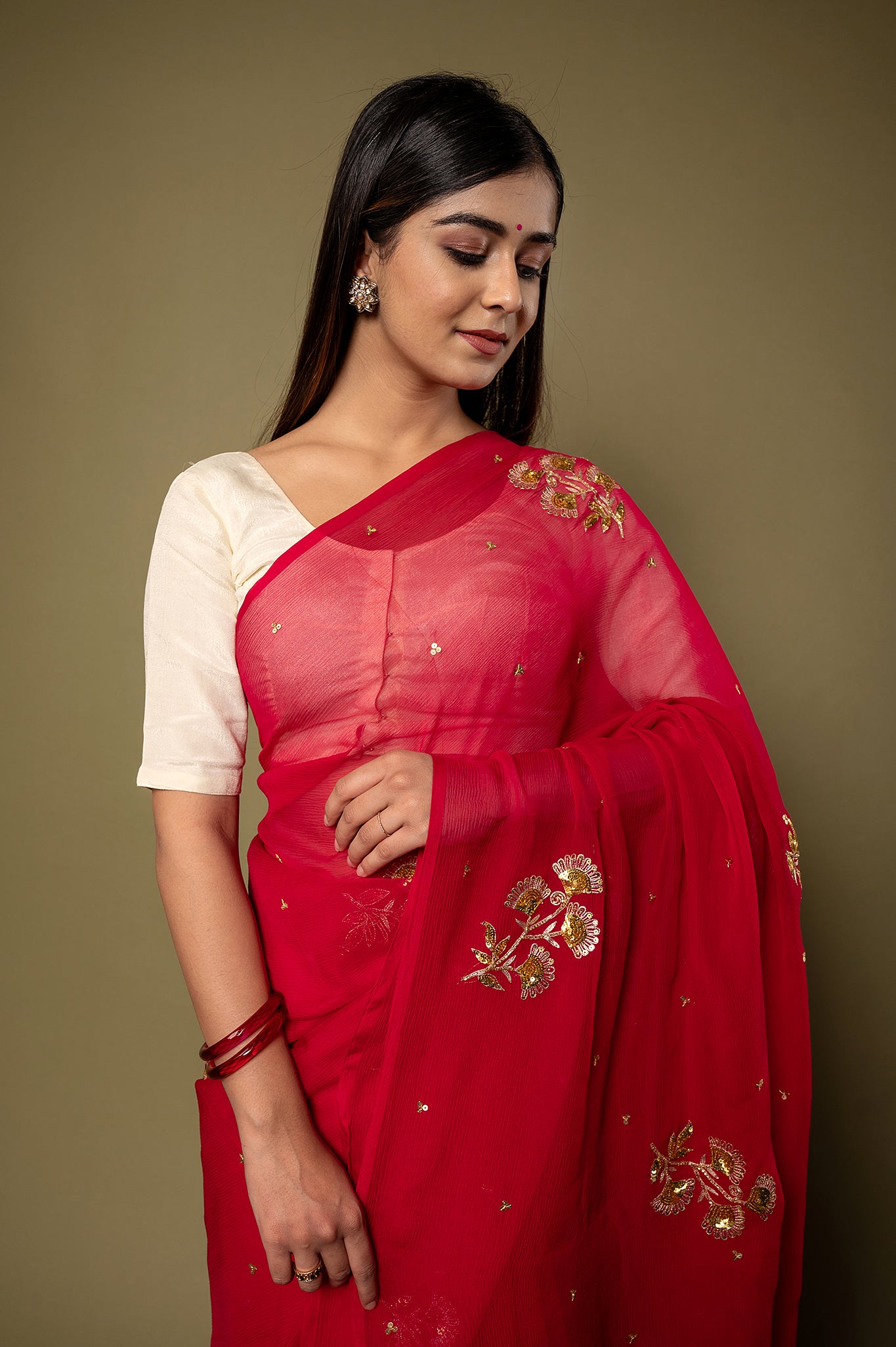Red viscose chiffon aari sequins motif handwork casual wear saree
