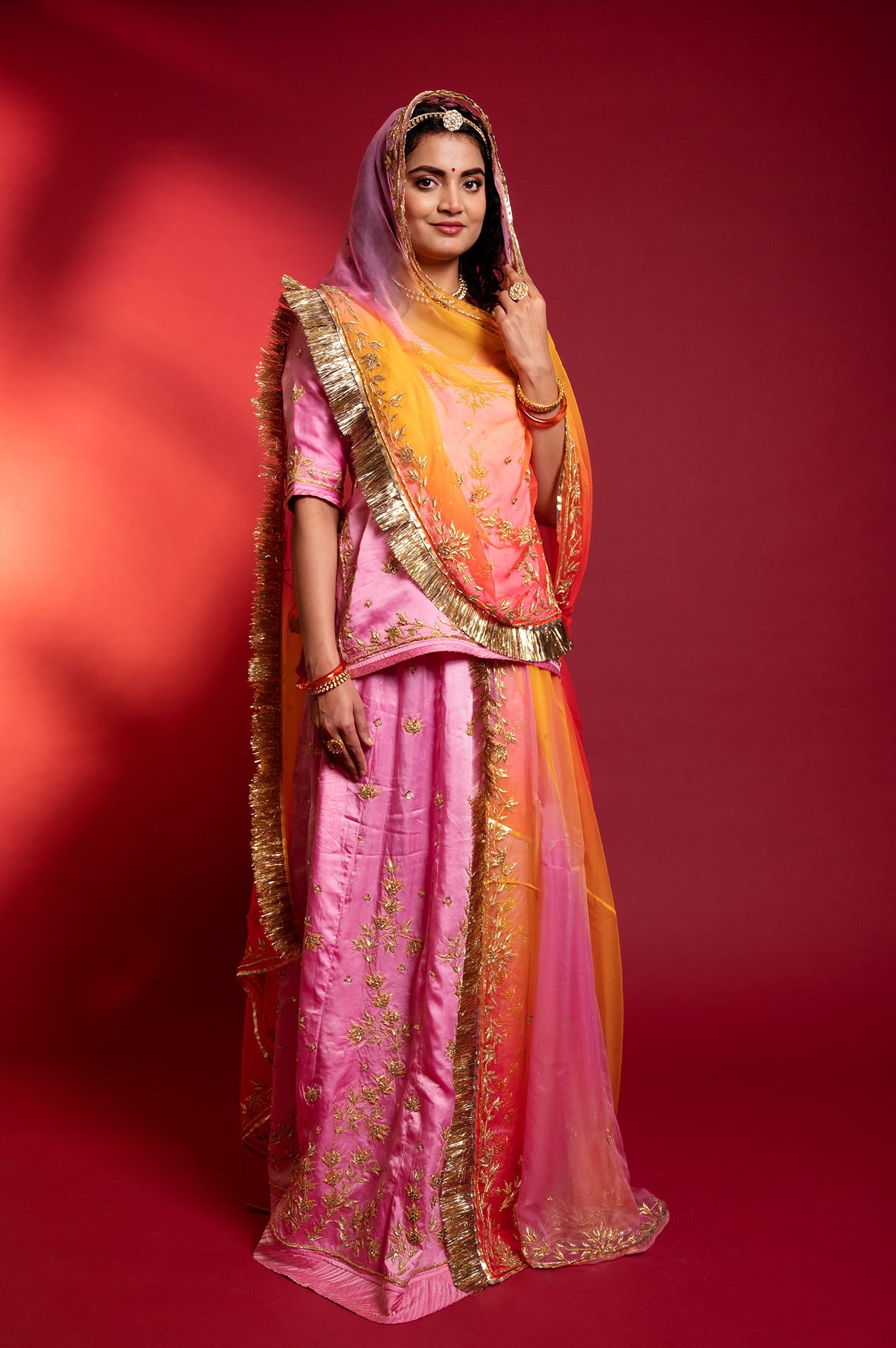 Pink bamber satin zardozi handwork rajputi Poshak  with Pure odhna