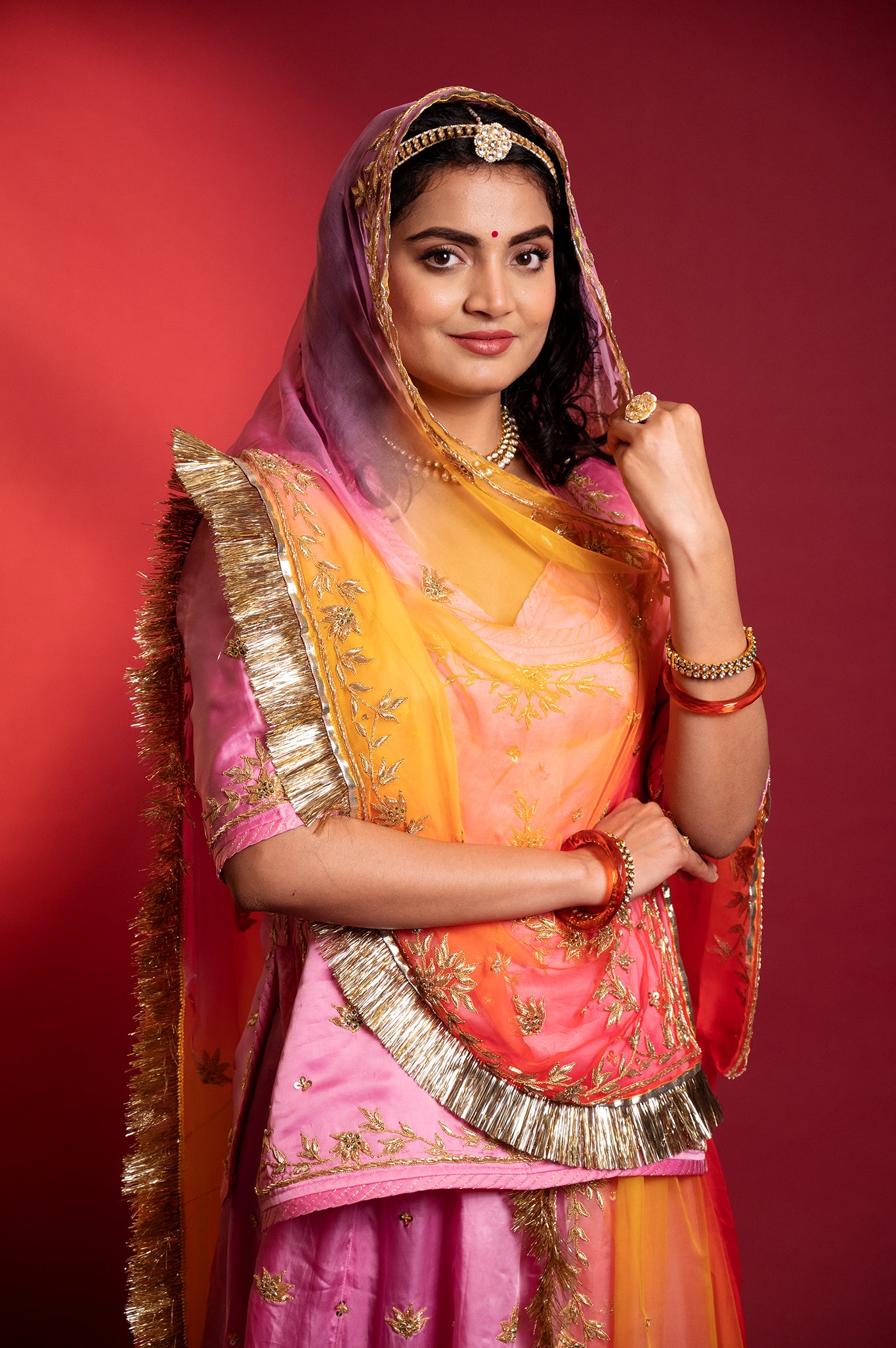 Pink bamber satin zardozi handwork rajputi Poshak  with Pure odhna