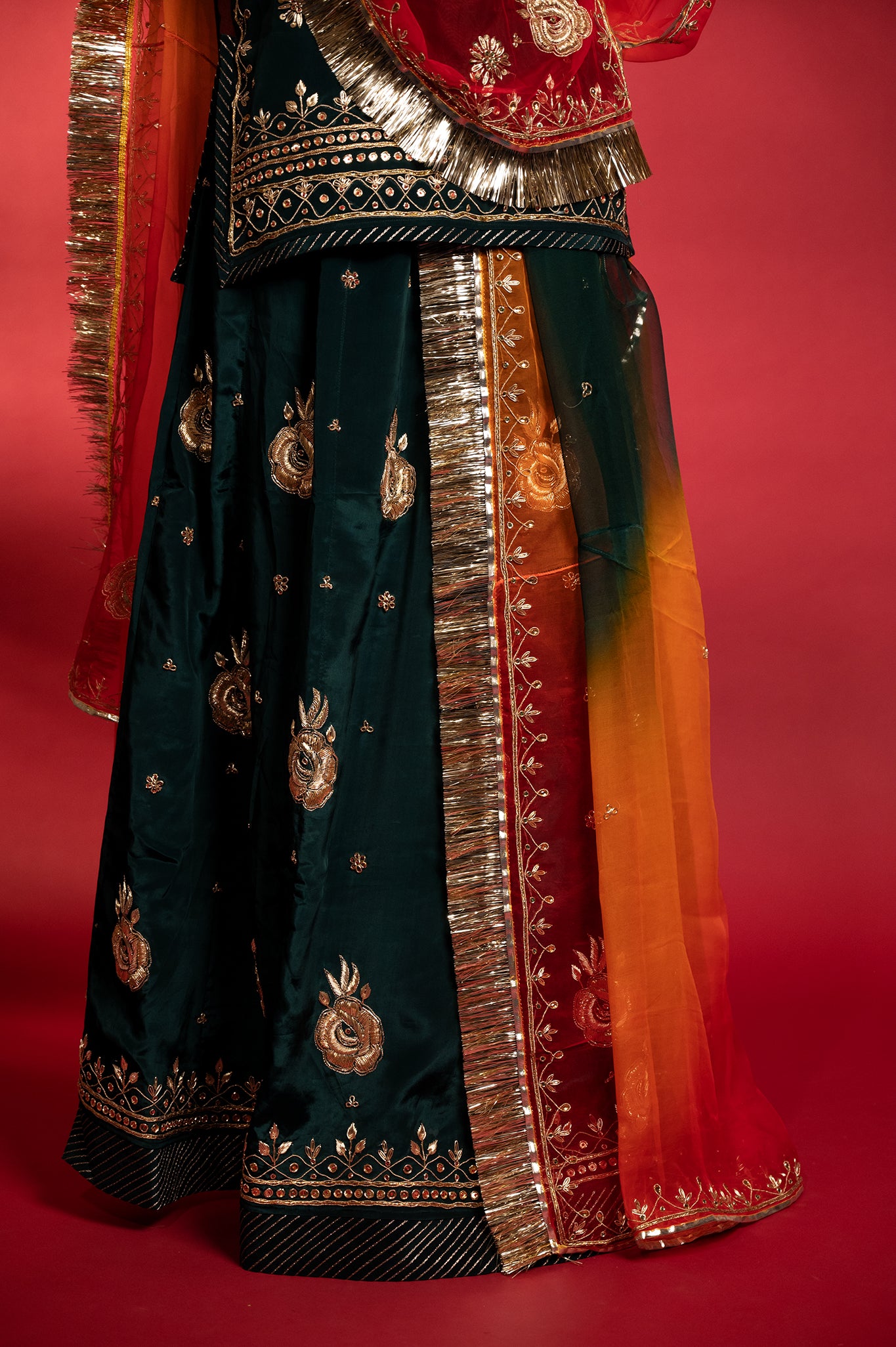 bottle green bamber satin aari zardozi handwork Rajputi Poshak  with Pure odhna