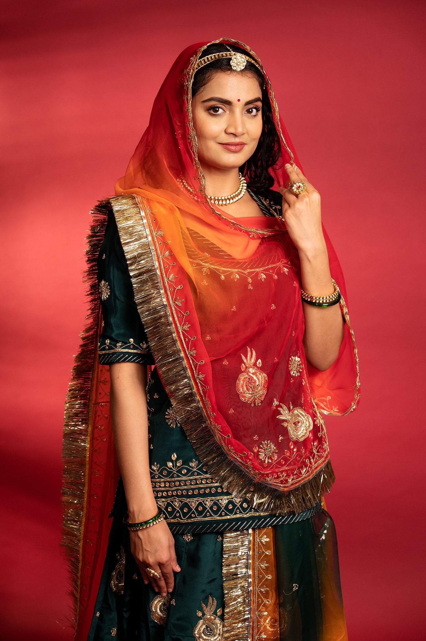 bottle green bamber satin aari zardozi handwork Rajputi Poshak  with Pure odhna