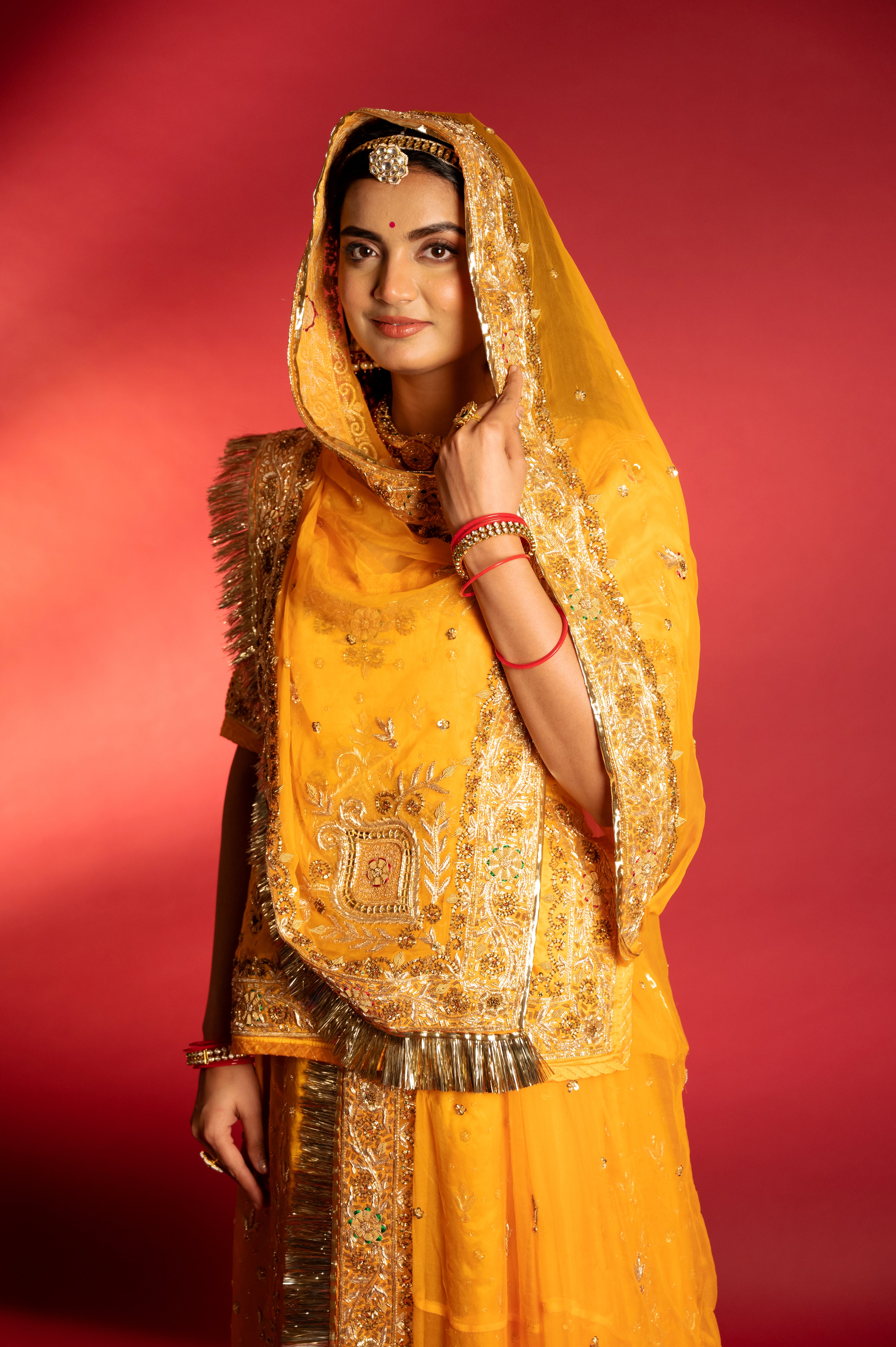 Yellow Pure Silk Satin aari zardozi handwork Rajputi Poshak  with Pure odhna