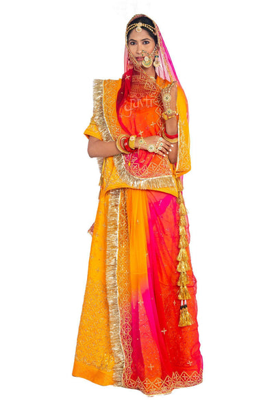 Yellow Zardosi Rajputi Poshak With Multicolor Odhana