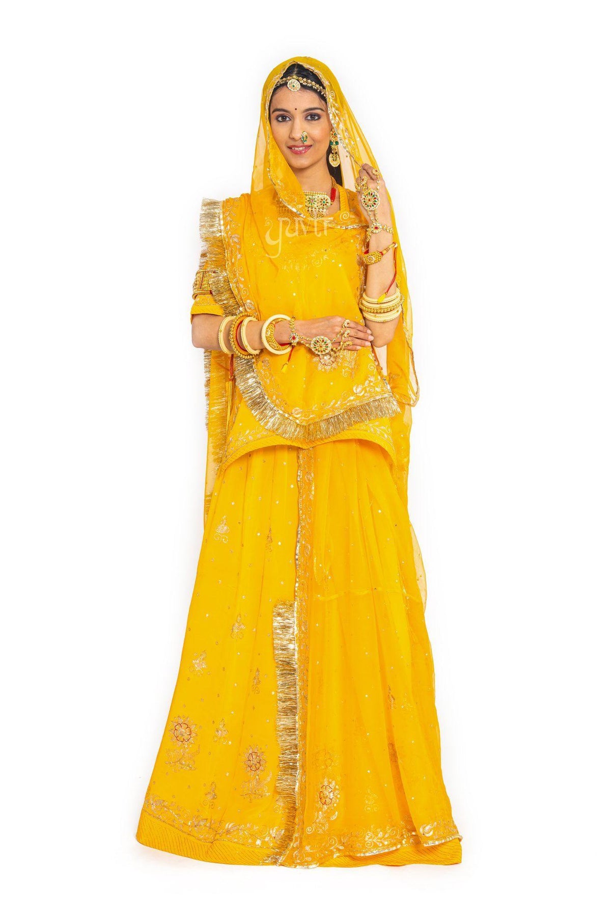 Yellow Aari Resham Zardosi Crepe Rajputi Poshak