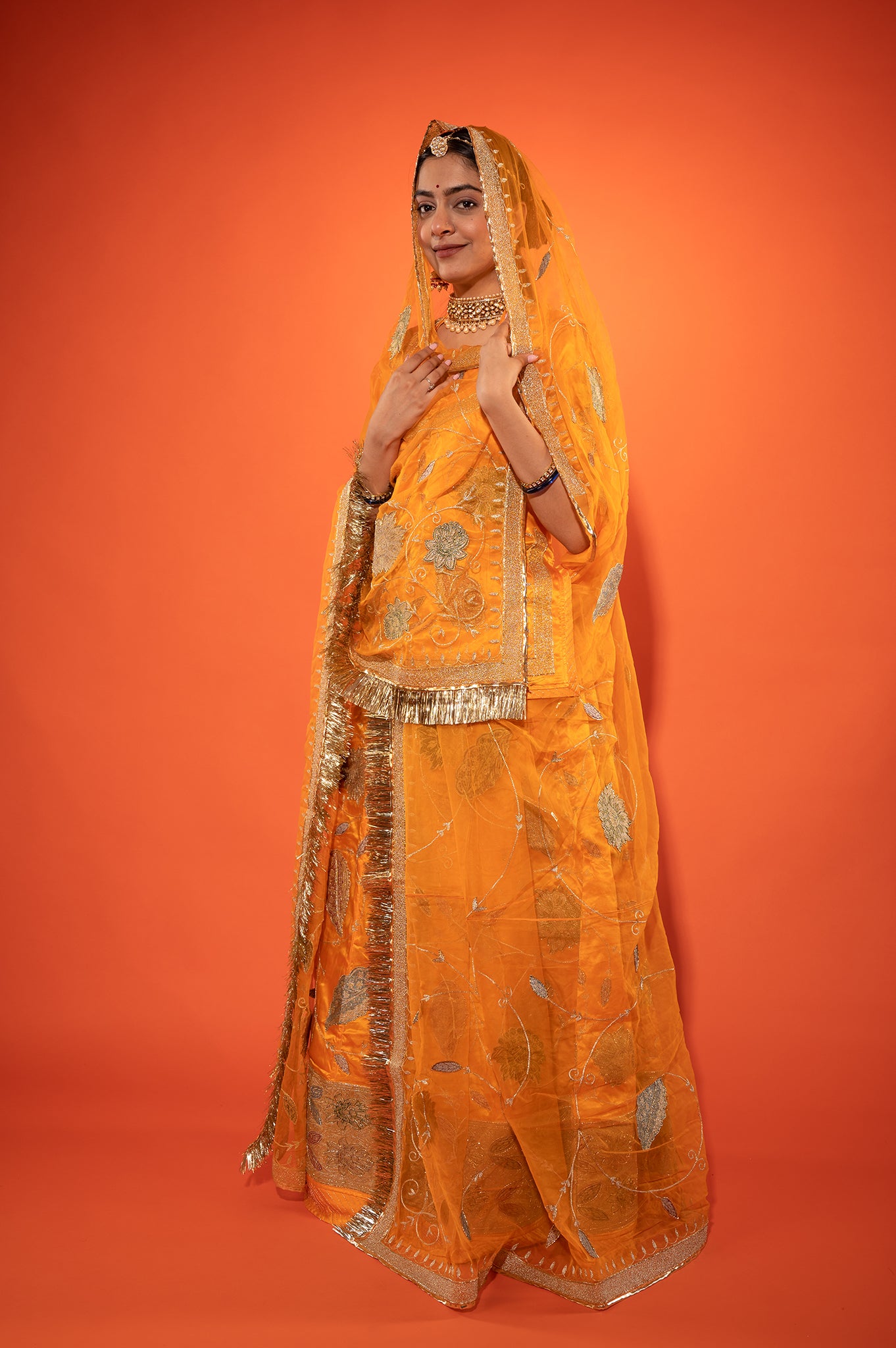 Yellow Kesari  Pure Silk Satin Real Silver Chanderi Handwork Rajputi Poshak  with Pure odhna