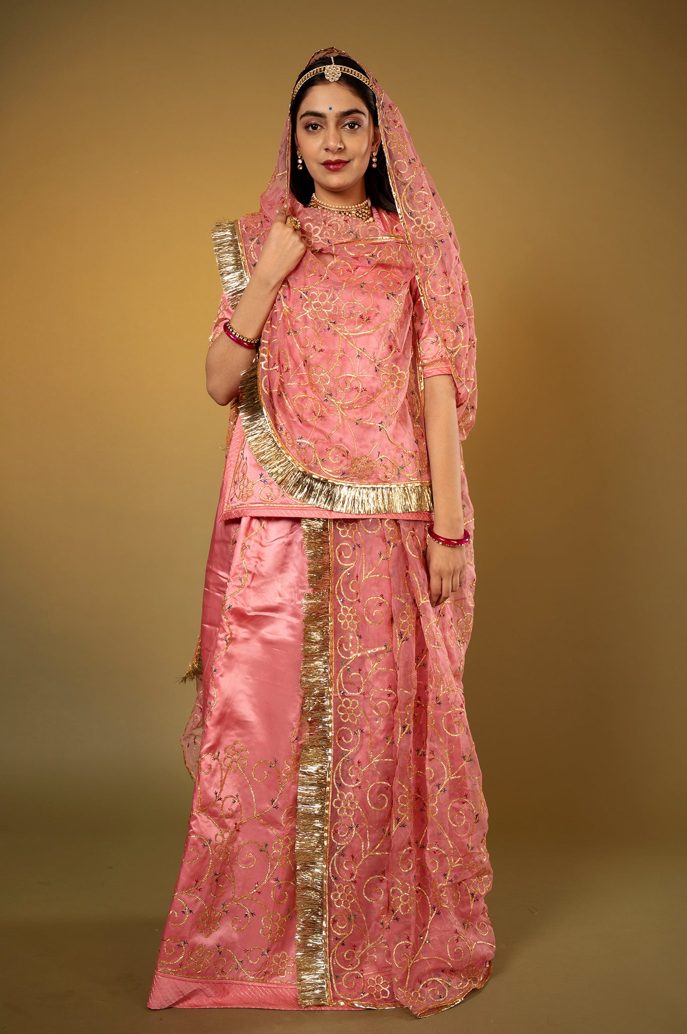Pink Gajri Pure Silk Satin Real Silver Sikhiya Handwork Rajputi Poshak  with Pure odhna