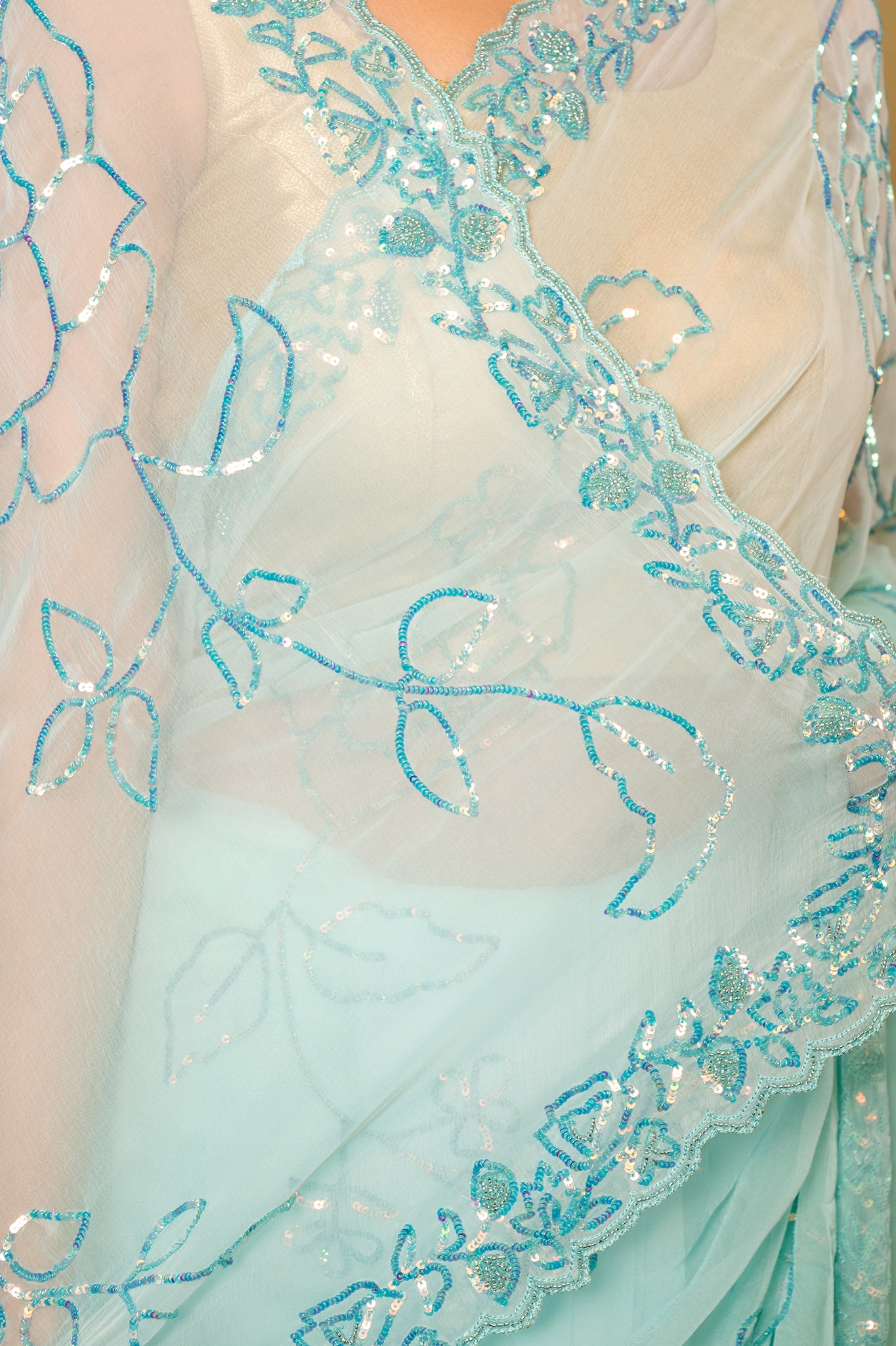 sky blue Viscose Chiffon sequins  handwork party wear saree