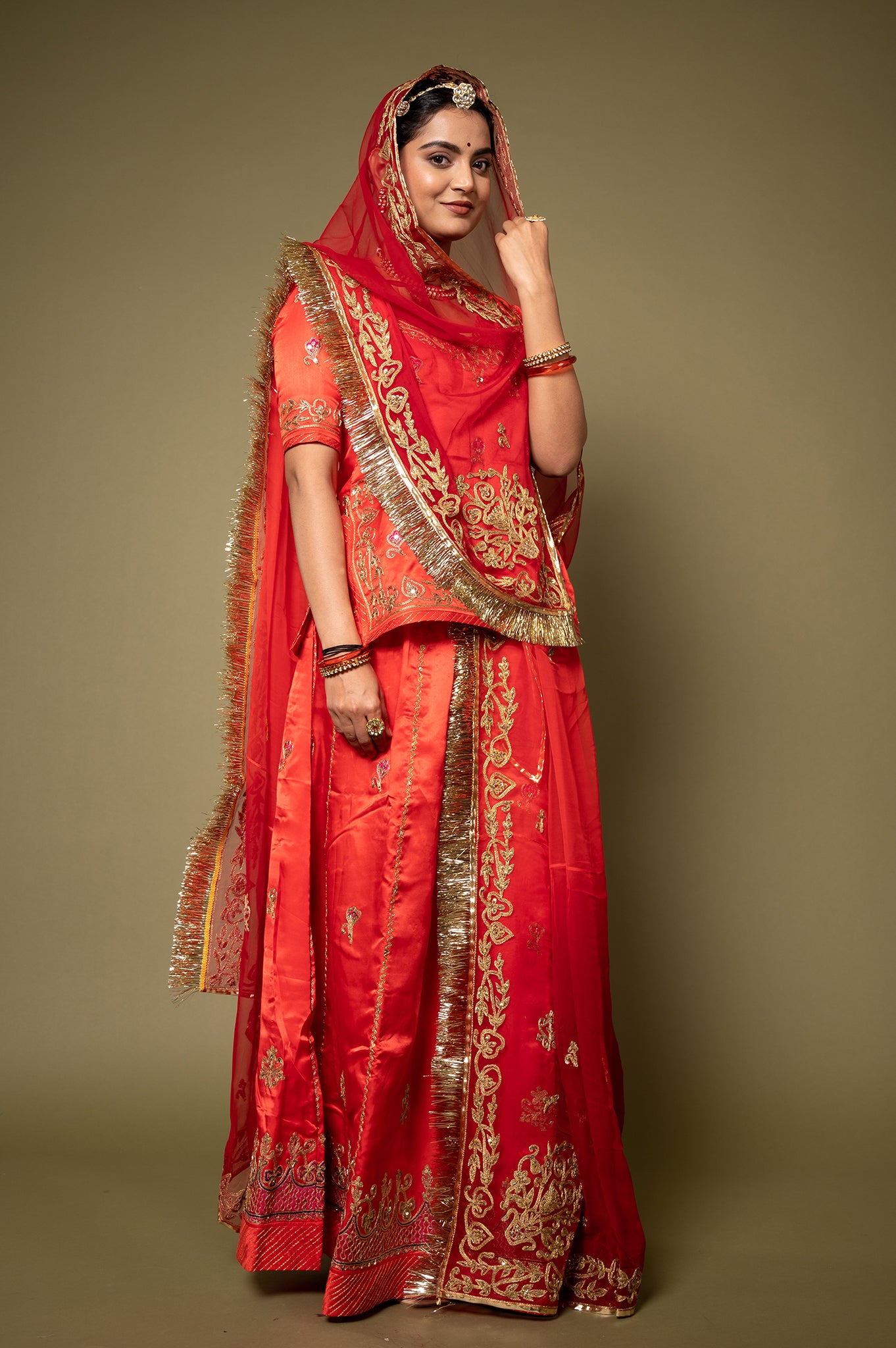 Red Pure Silk Satin Real Silver Kalabatu Handwork Rajputi Poshak  with Pure odhna