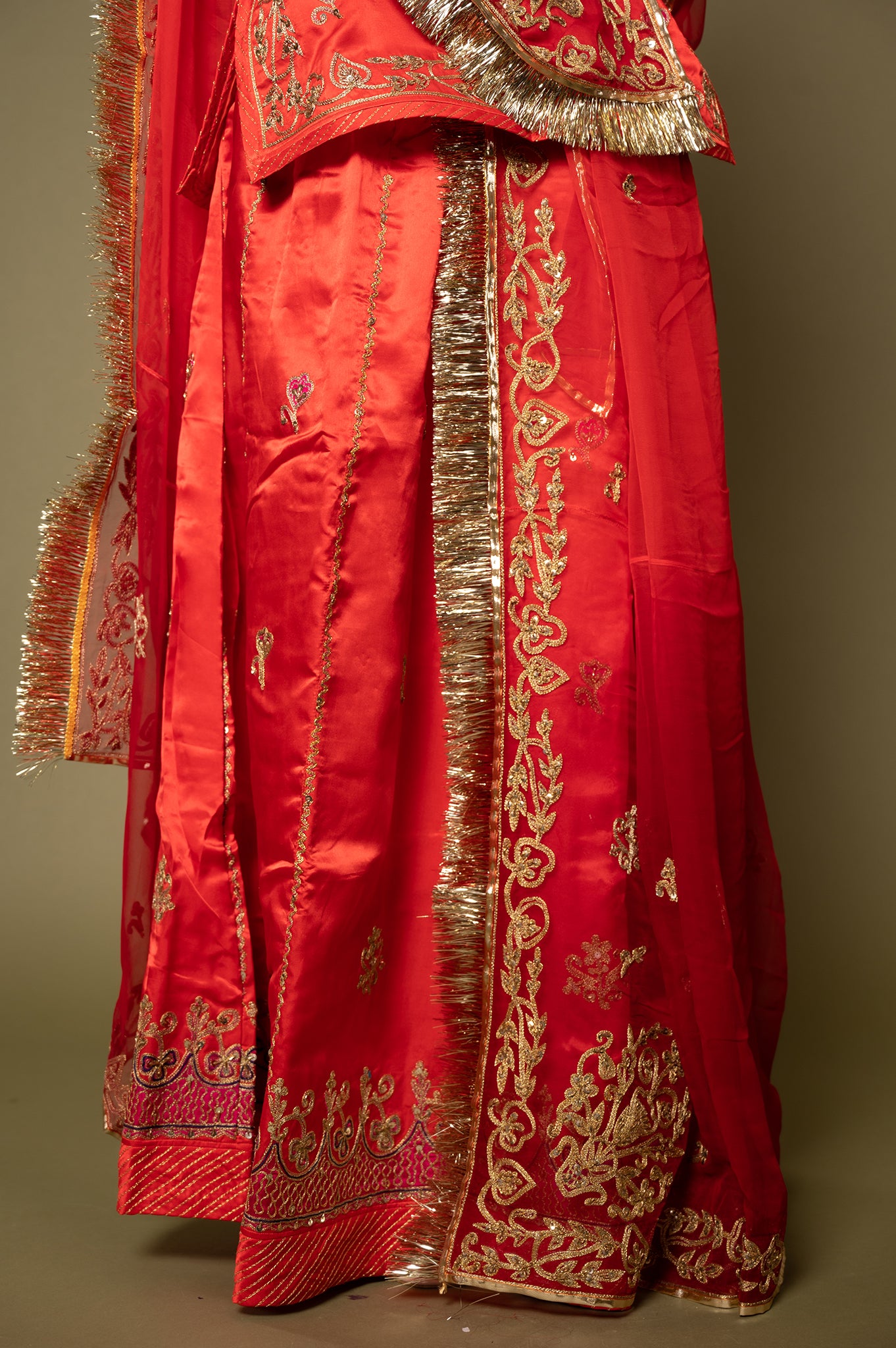 Red Pure Silk Satin Real Silver Kalabatu Handwork Rajputi Poshak  with Pure odhna