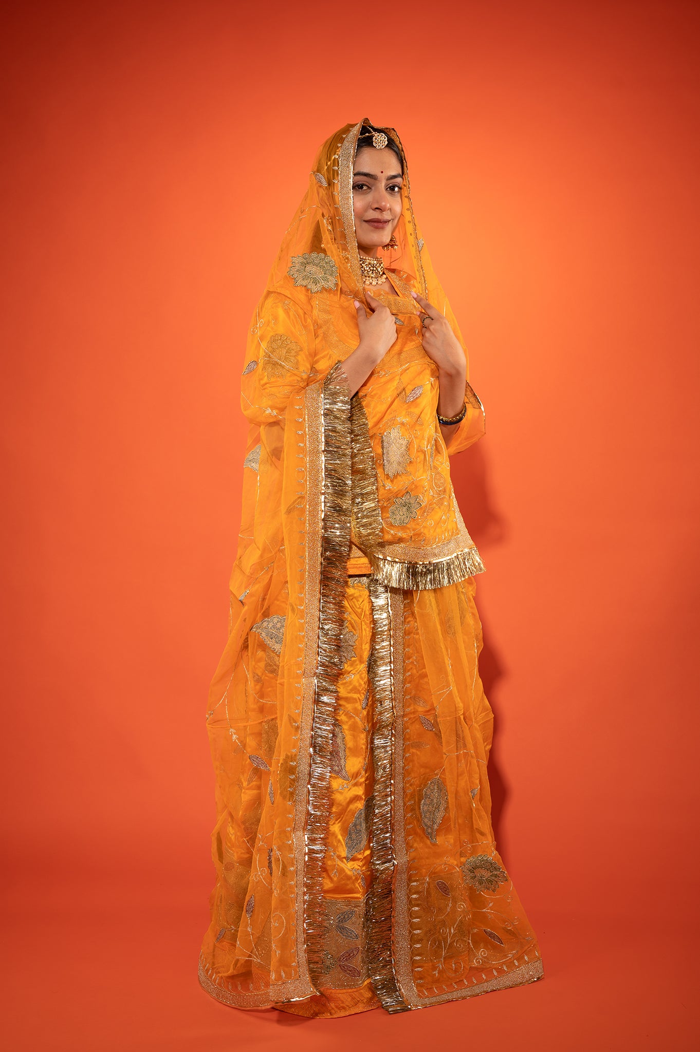 Yellow Kesari  Pure Silk Satin Real Silver Chanderi Handwork Rajputi Poshak  with Pure odhna
