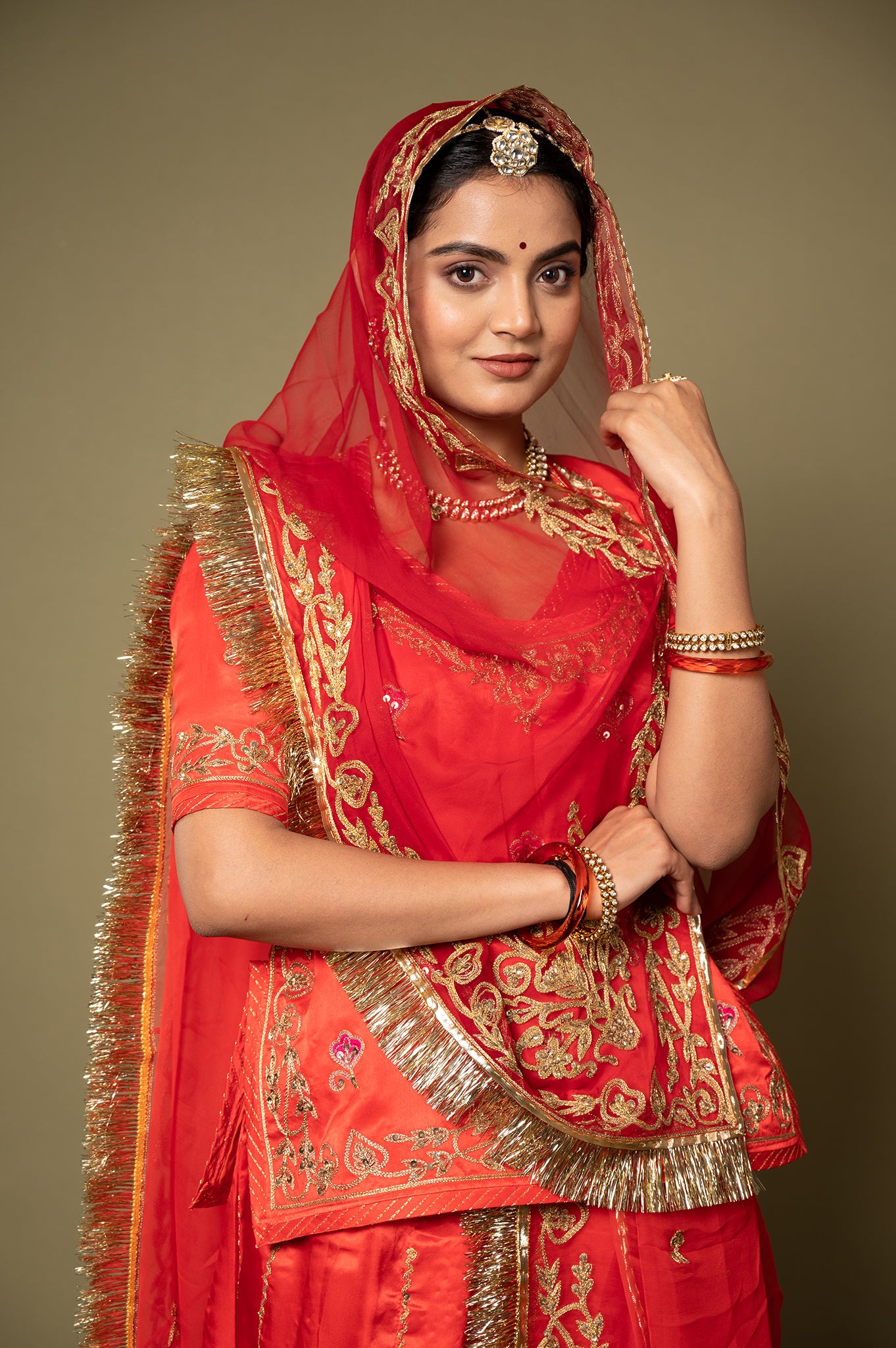 Red Pure Silk Satin Real Silver Kalabatu Handwork Rajputi Poshak  with Pure odhna