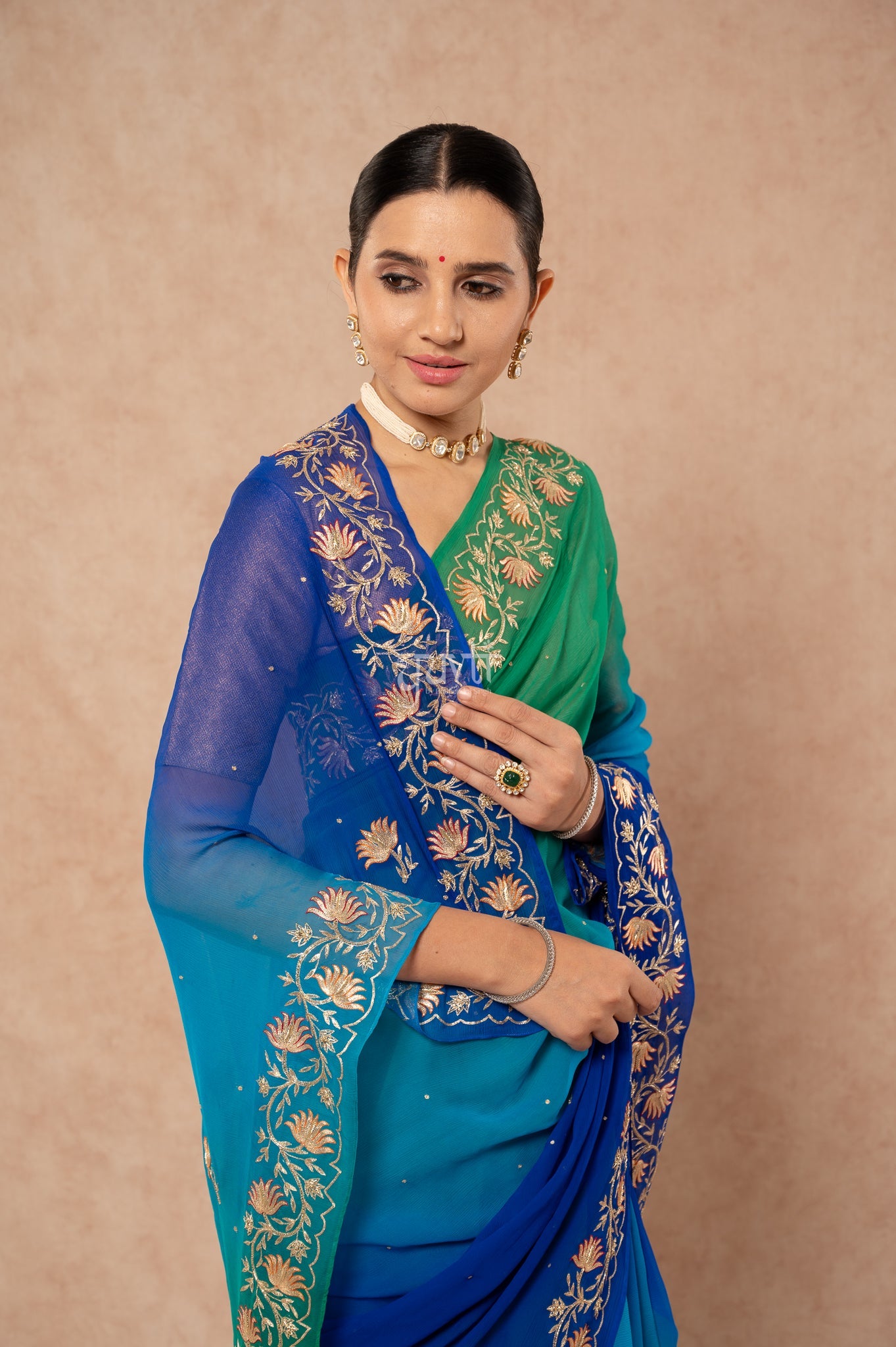 Peacock Shade Pure Chiffon Aari Sequins Border Butti Handwork Party wear Saree  with Blouse