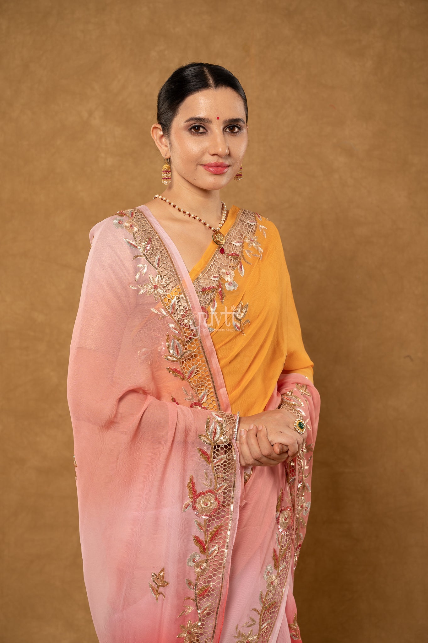 Gajri Yellow Shaded Pure Chiffon Aari Sequins Zardozi Cutwork Border Butti Handwork Party wear Saree