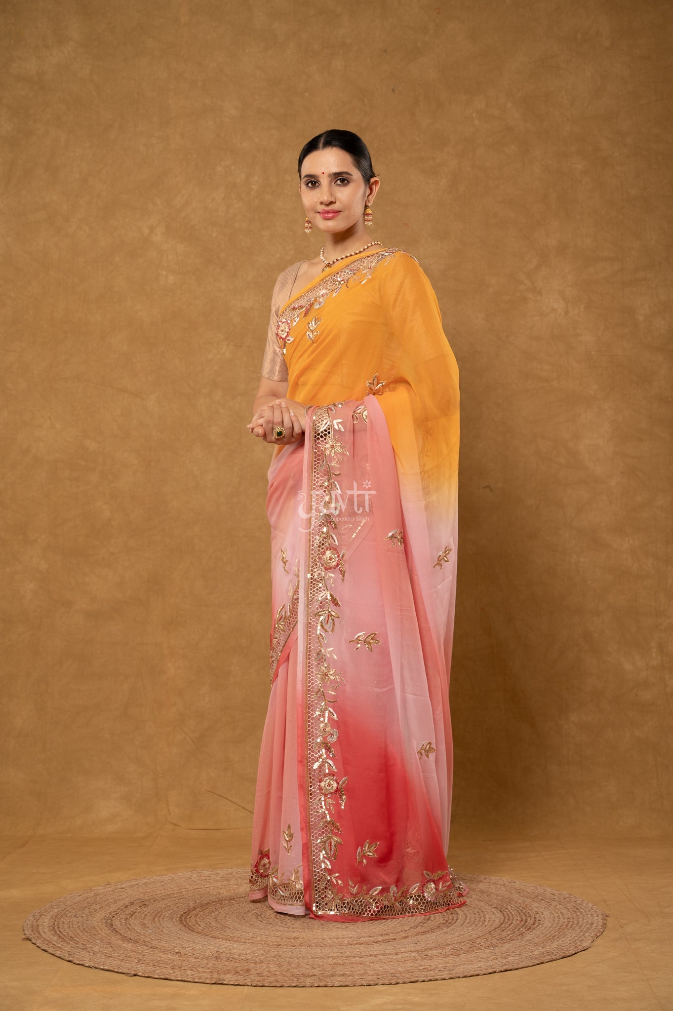 Gajri Yellow Shaded Pure Chiffon Aari Sequins Zardozi Cutwork Border Butti Handwork Party wear Saree