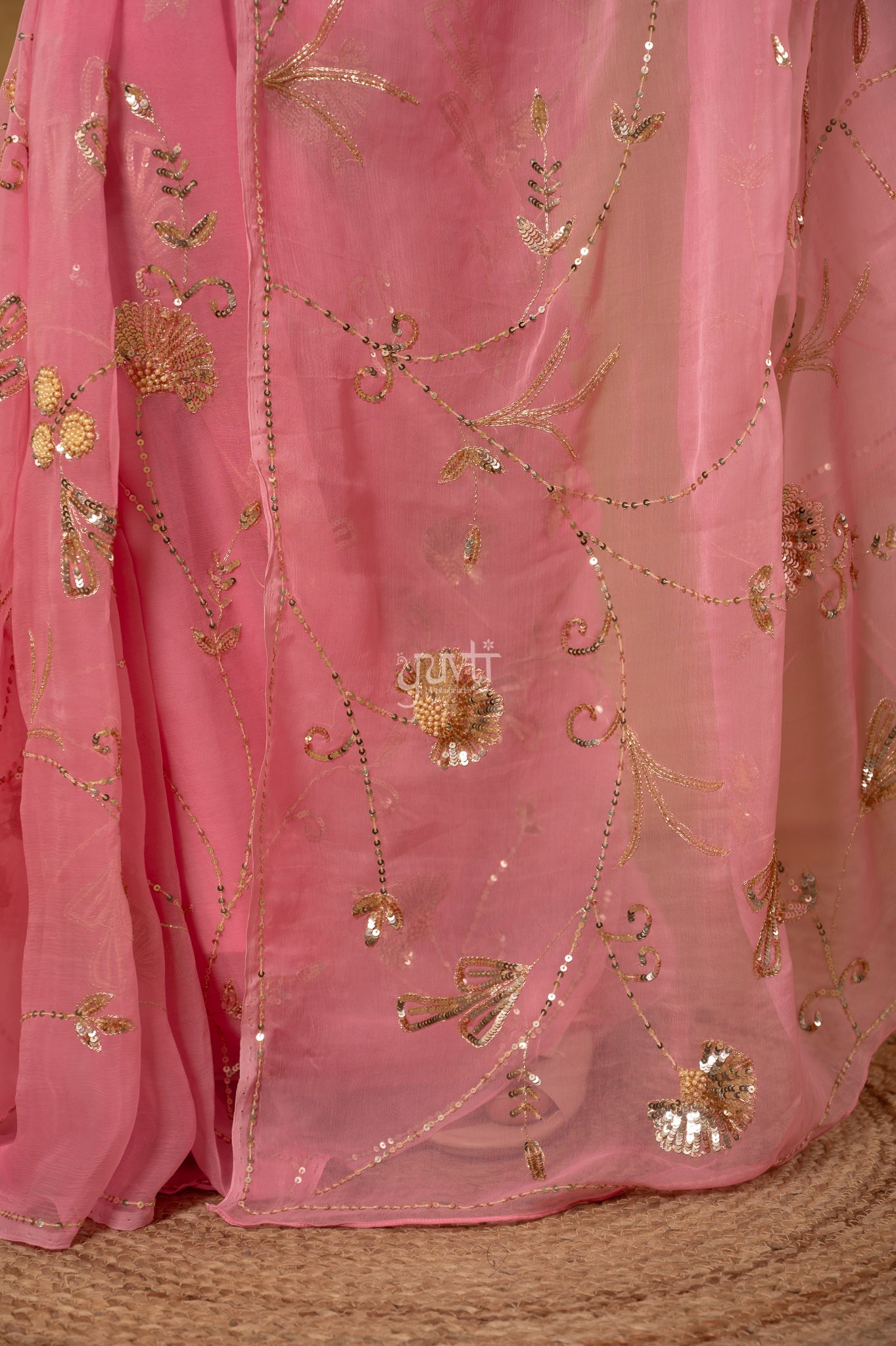 Peach Pink Viscose Chiffon Aari Sequins Jaal  Handwork Party wear Saree