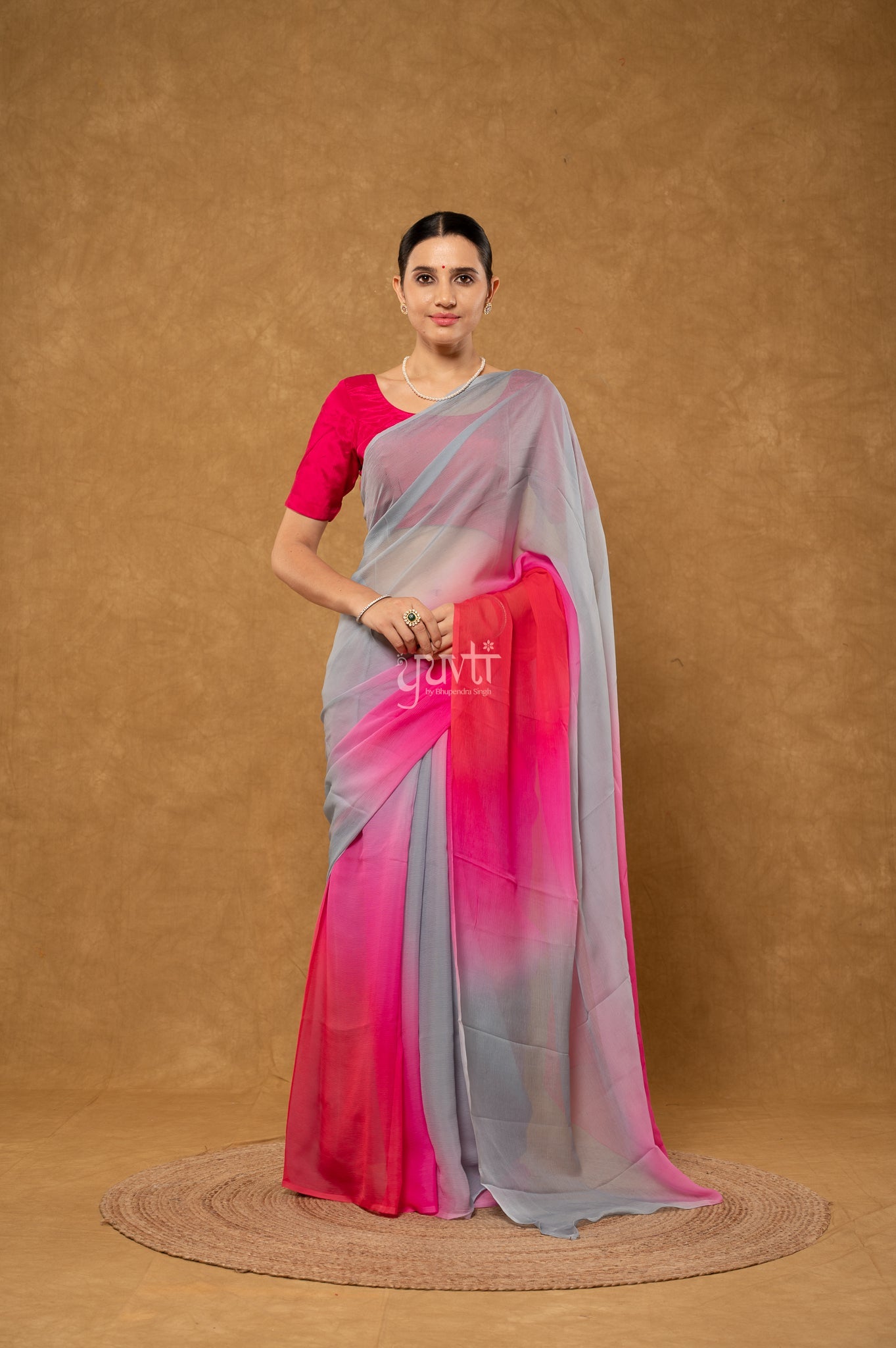 Grey Pink Red Shaded Pure Chiffon  Hand-Dye  Saree  with Blouse