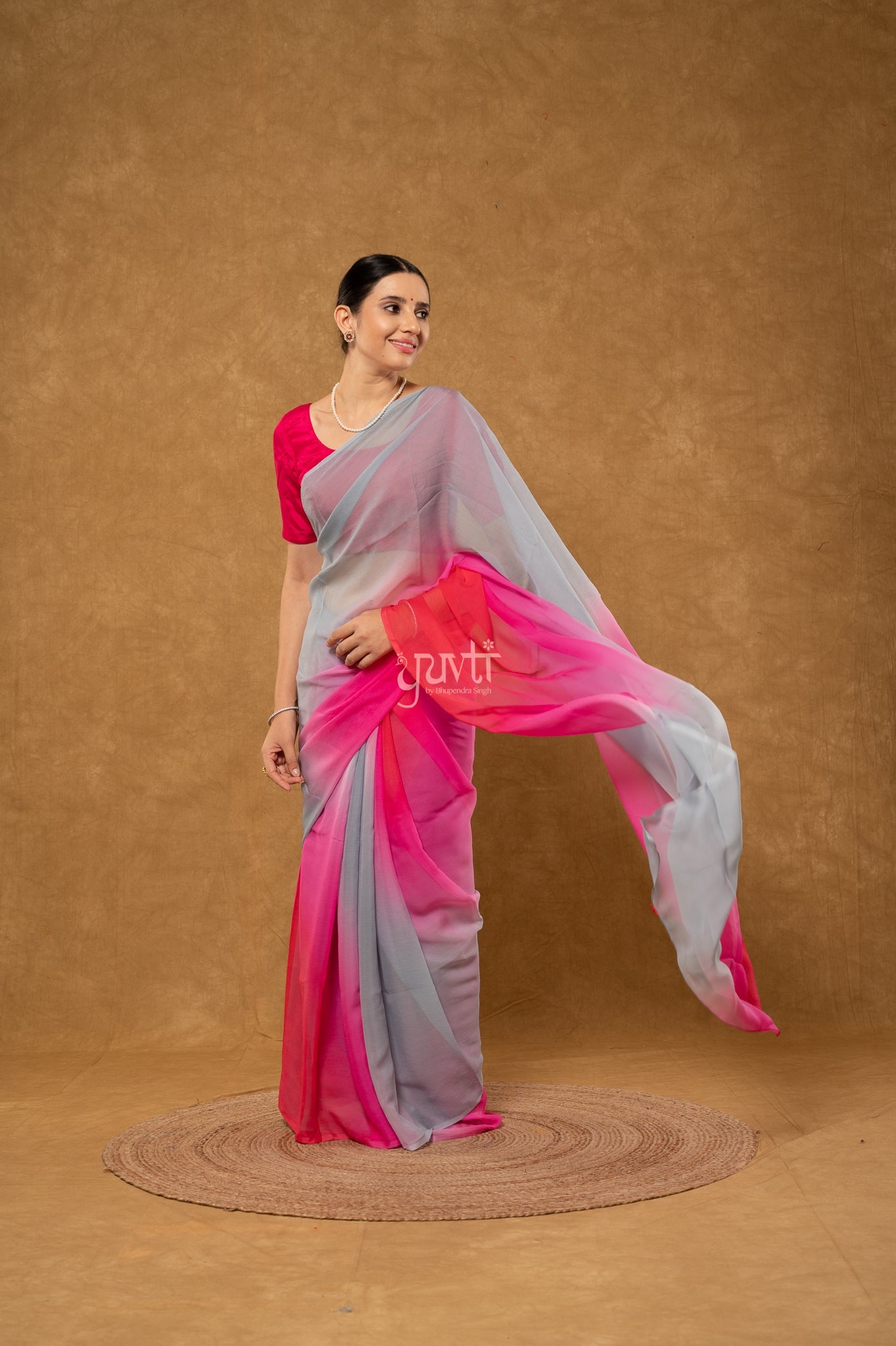 Grey Pink Red Shaded Pure Chiffon  Hand-Dye  Saree  with Blouse