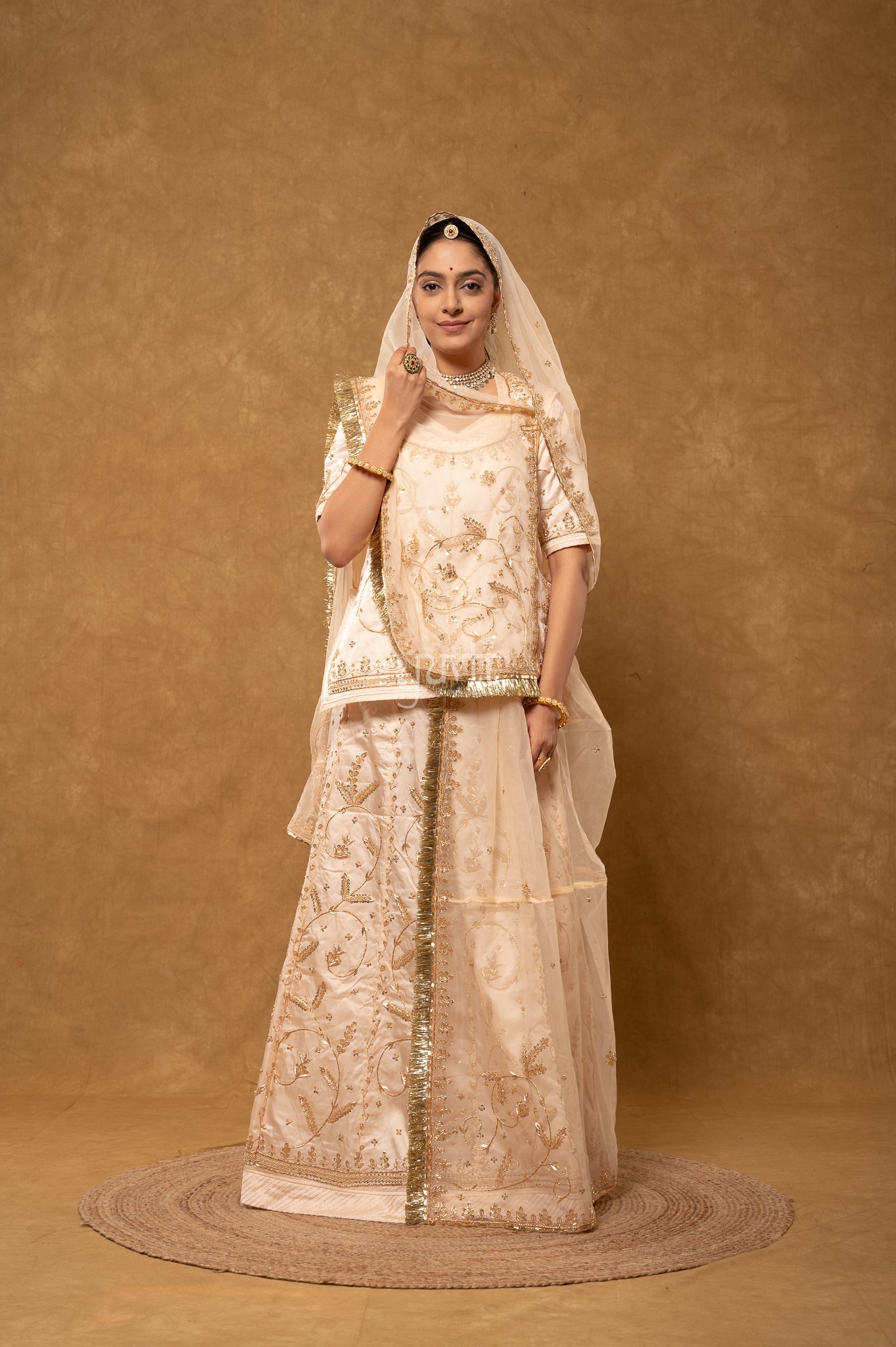 Cream Bamber Satin Zardozi Sequins Dabka Salma Handwork  Poshak with Pure Odhana (unstitched)