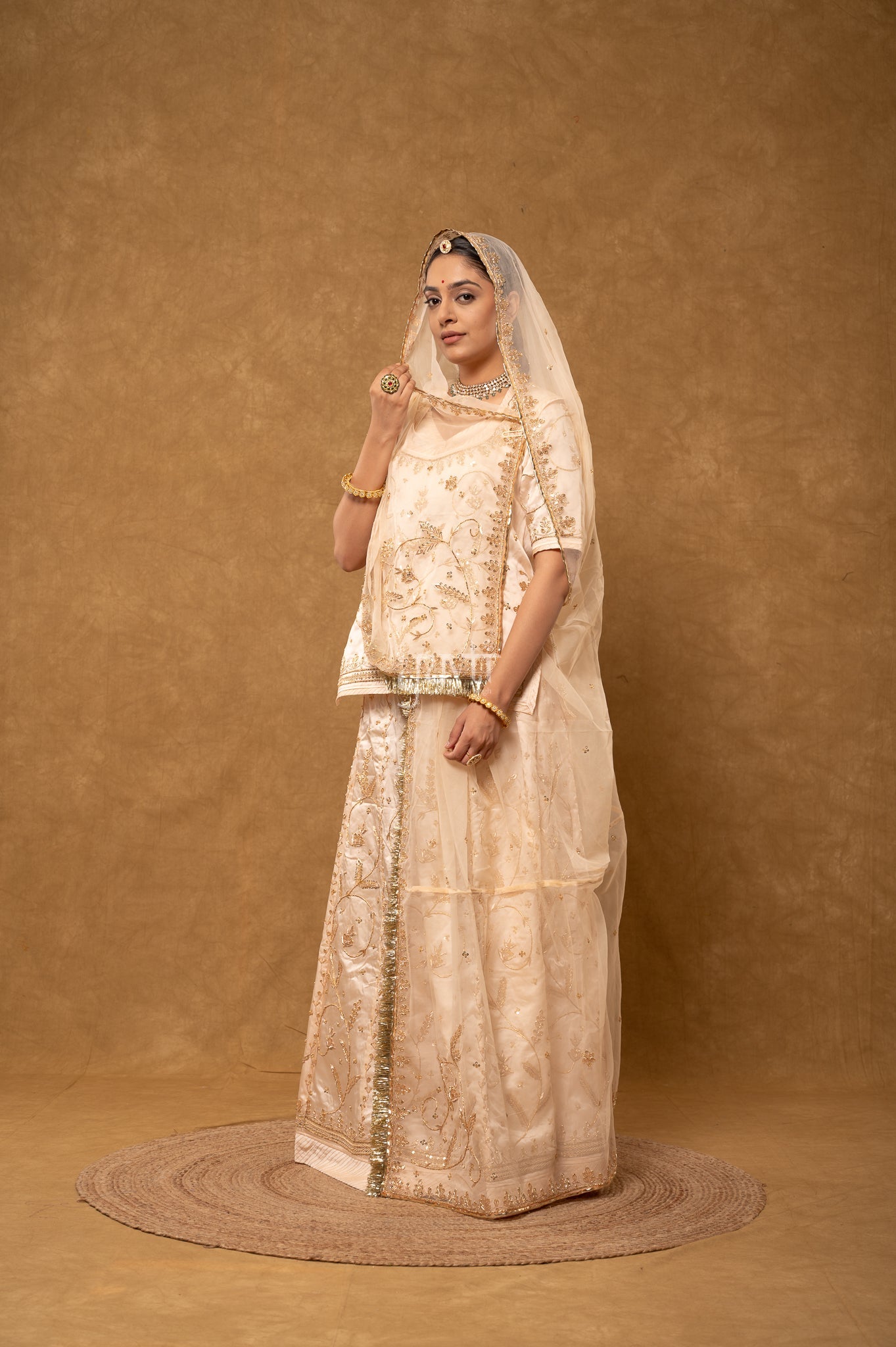 Cream Bamber Satin Zardozi Sequins Dabka Salma Handwork  Poshak with Pure Odhana (unstitched)