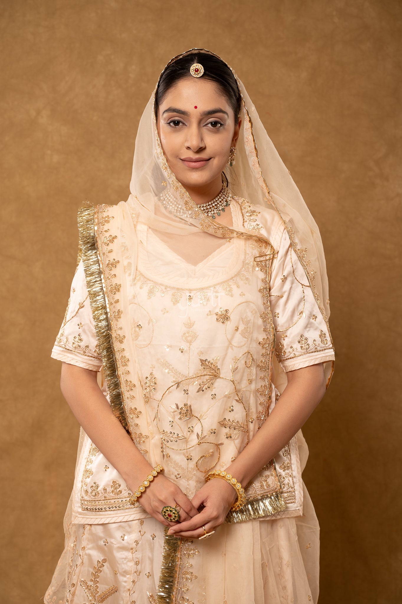 Cream Bamber Satin Zardozi Sequins Dabka Salma Handwork  Poshak with Pure Odhana (unstitched)
