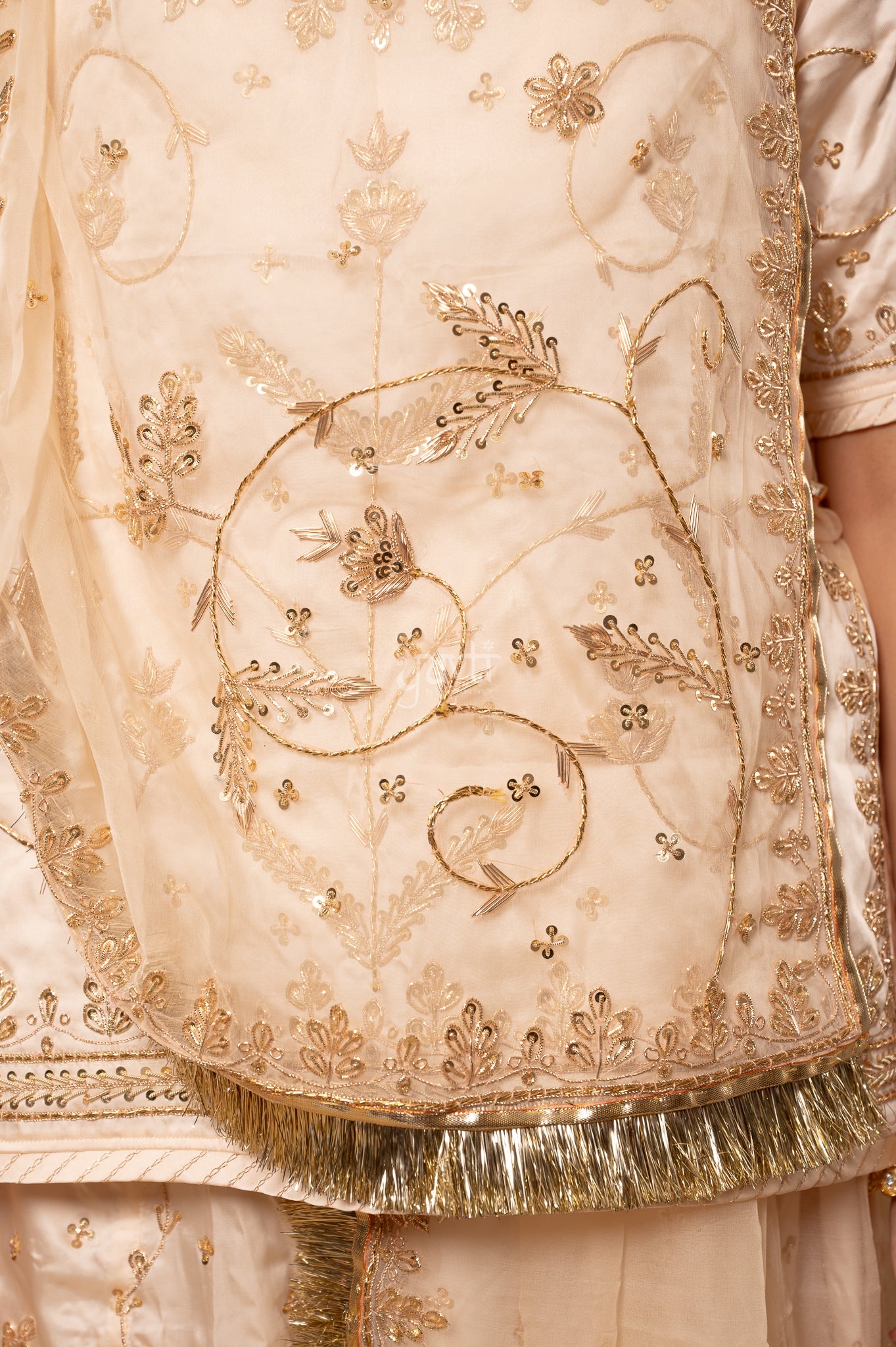 Cream Bamber Satin Zardozi Sequins Dabka Salma Handwork  Poshak with Pure Odhana (unstitched)