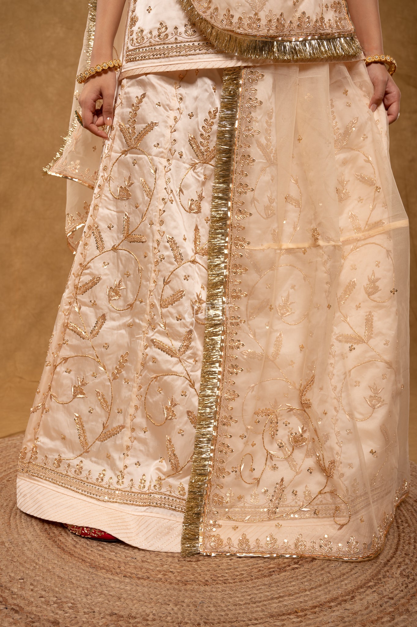 Cream Bamber Satin Zardozi Sequins Dabka Salma Handwork  Poshak with Pure Odhana (unstitched)