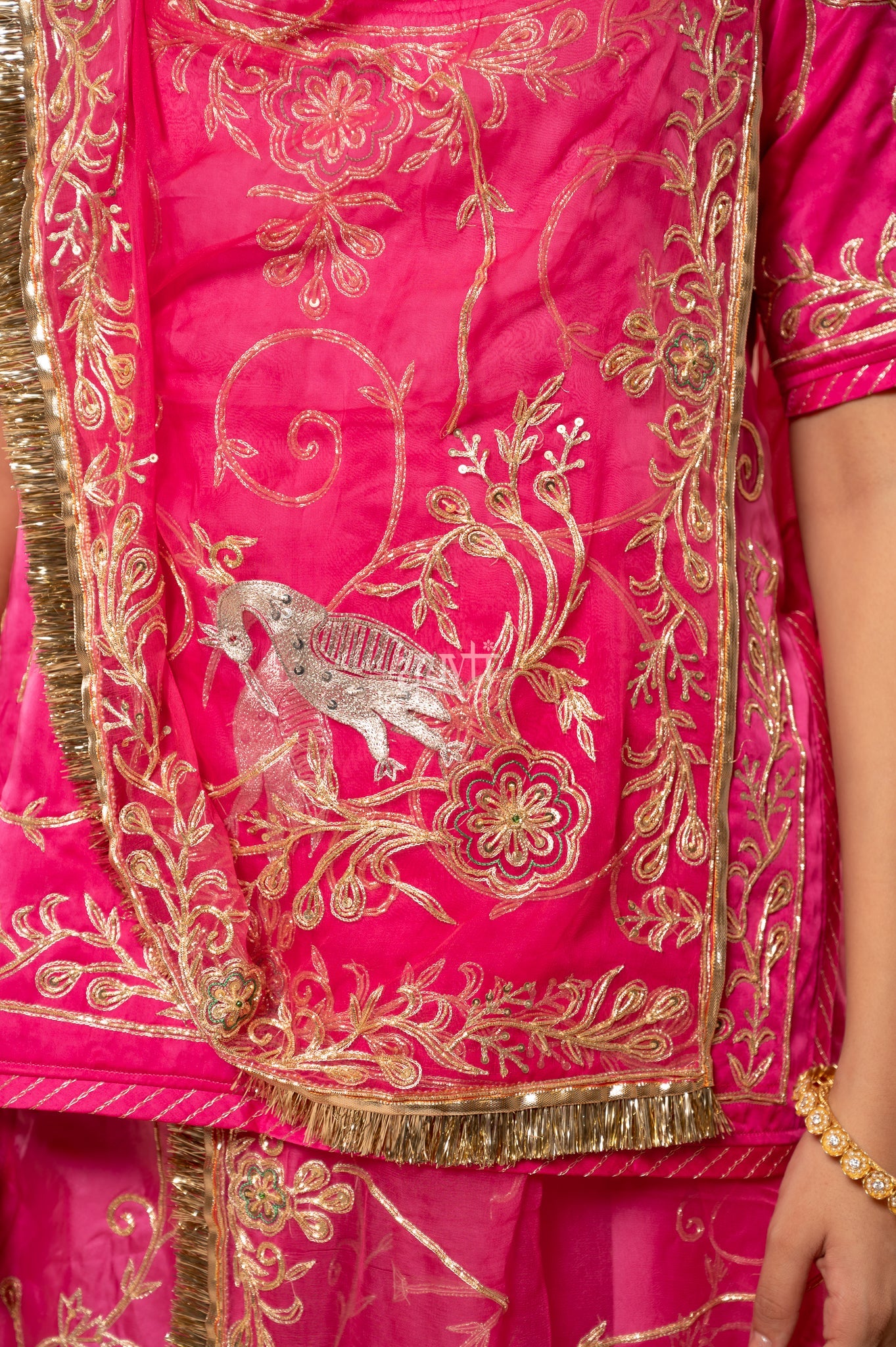 Rani Bamber Satin Aari Sequins Zardozi Handwork  Poshak with Pure Odhana (unstitched)
