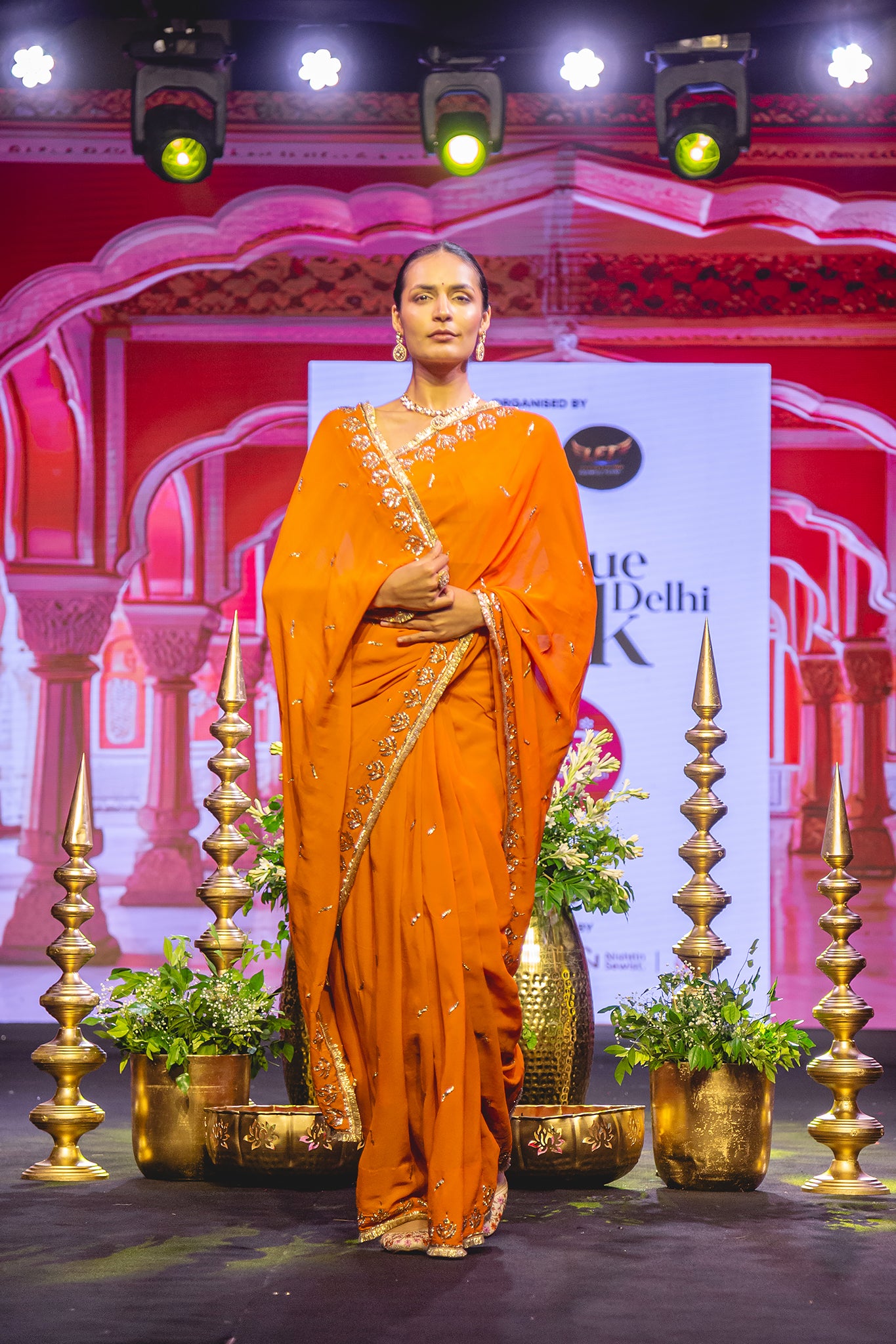 Orange rust Pure Georgette Mukaish Handwork  Saree