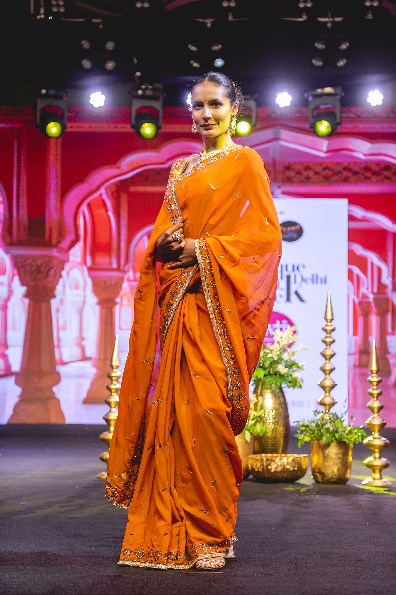 Orange rust Pure Georgette Mukaish Handwork  Saree