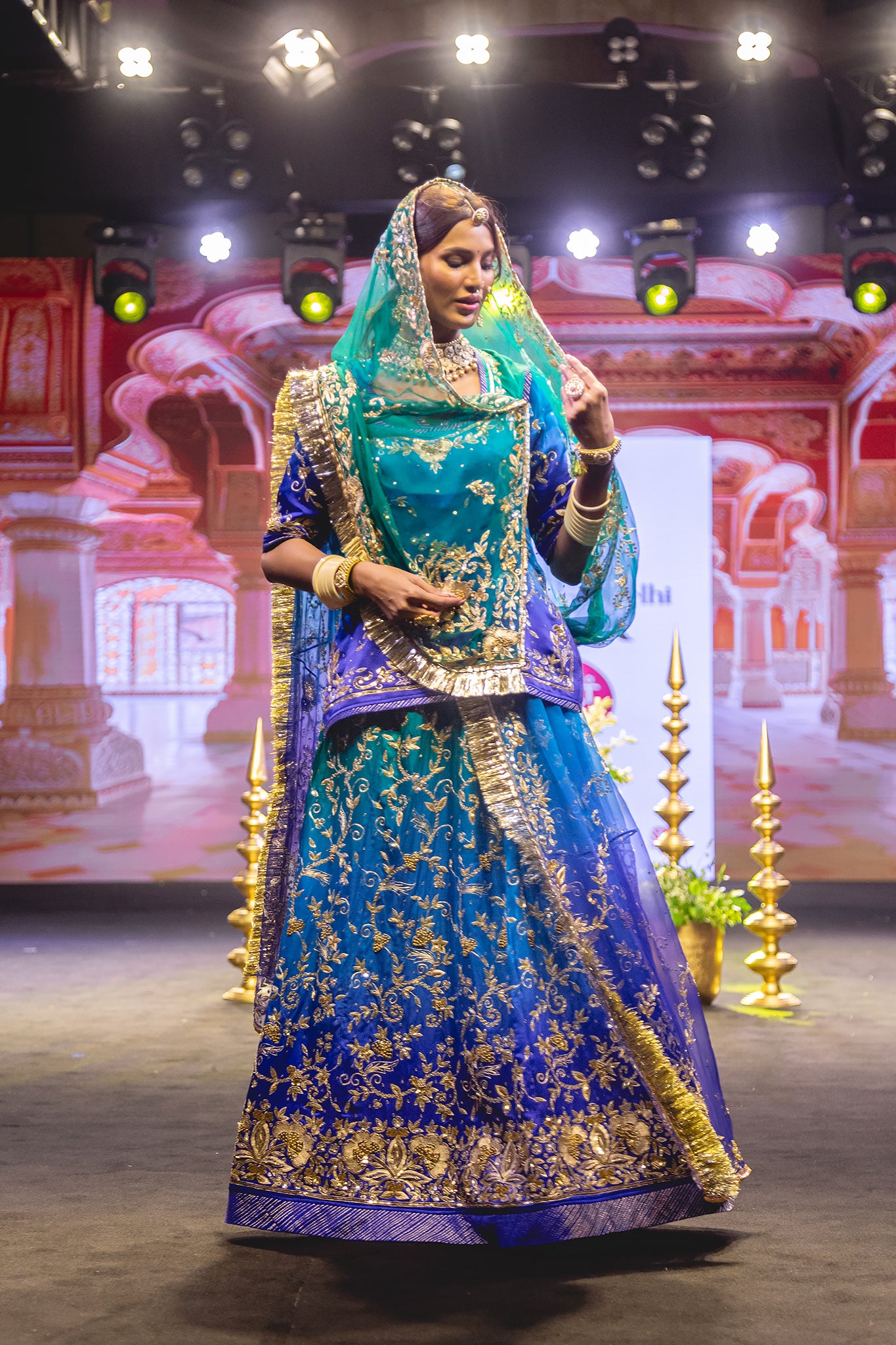 Peacock Shaded Pure Satin Aari Tari Zardozi  Handwork  Poshak With Pure Odhana  (Unstitched)